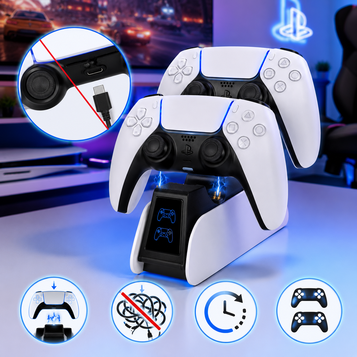 Dwa białe kontrolery PS5 na stacji ładującej z infografikami w rogu.