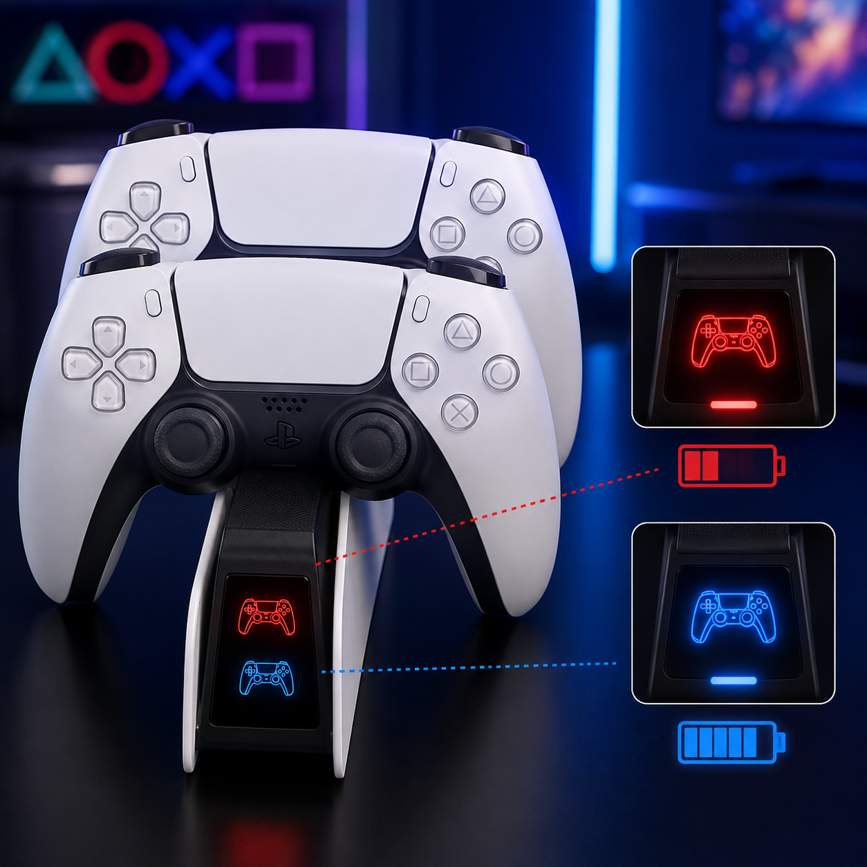 Dwa białe kontrolery PlayStation 5 ładujące się na stacji dokującej z czerwoną i niebieską diodą.