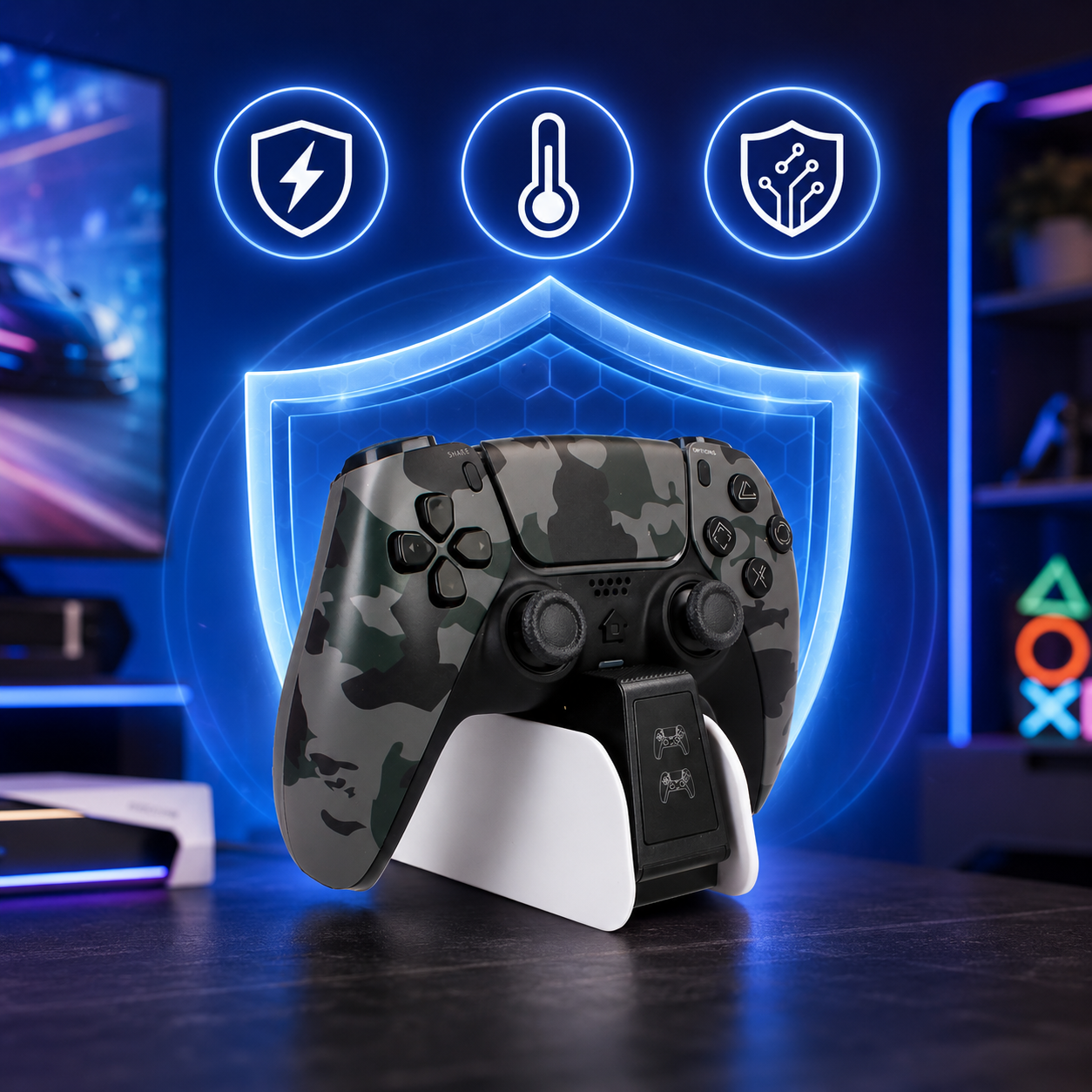 Kontroler PlayStation 5 w moro na stacji ładującej z niebieskimi ikonami ochrony w tle.