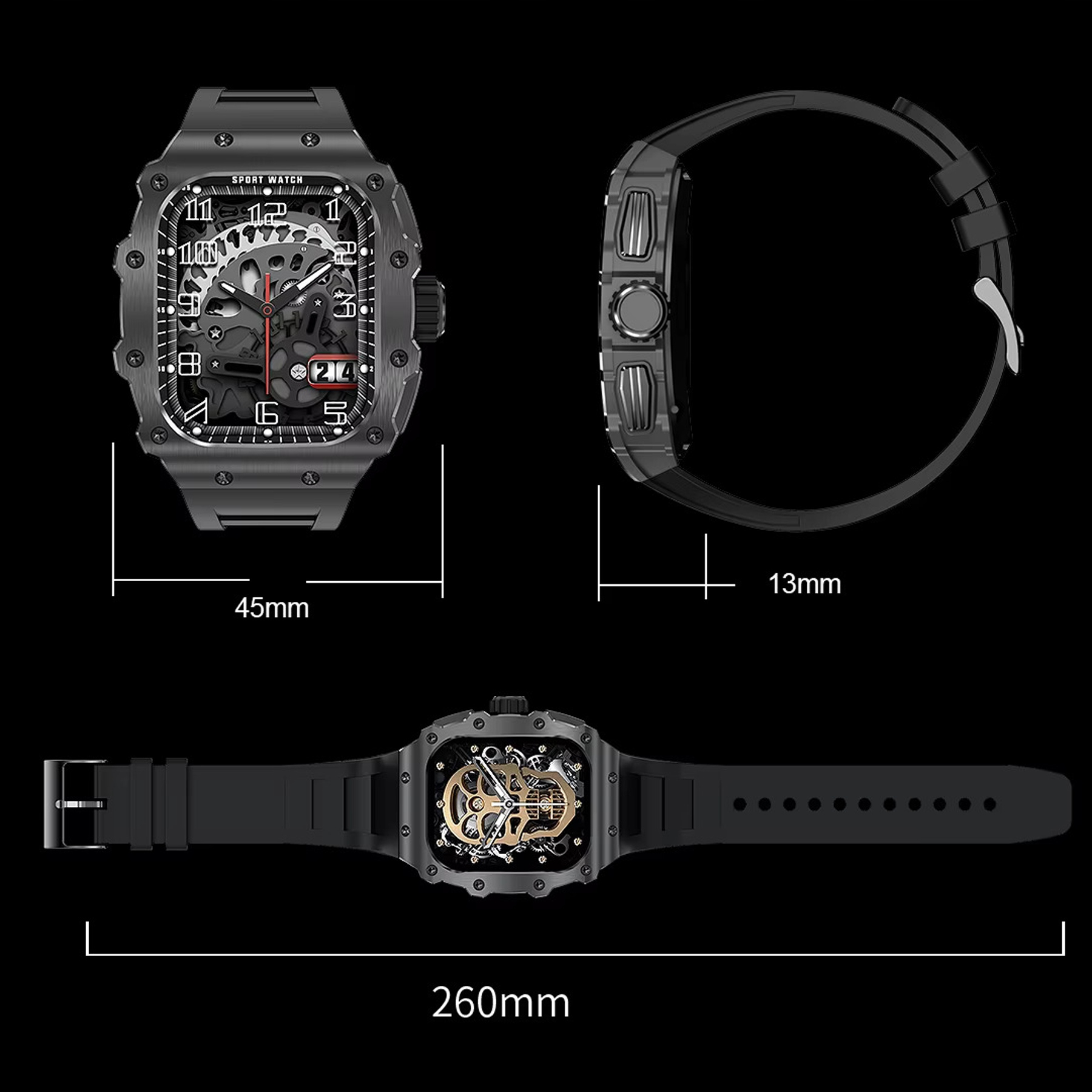 Rysunek techniczny czarnego smartwatcha, o szerokości 45 mm, grubości 13 mm i długości 260 mm.