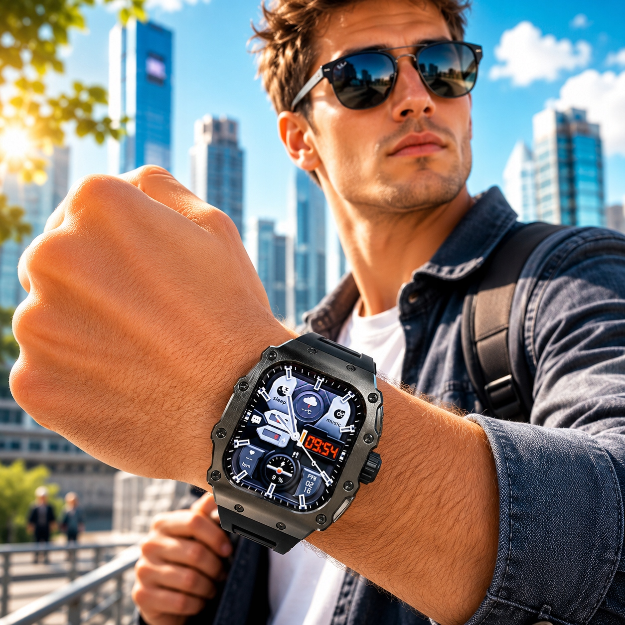 Mężczyzna w okularach przeciwsłonecznych i smartwatchu pozuje na tle nowoczesnego miasta.