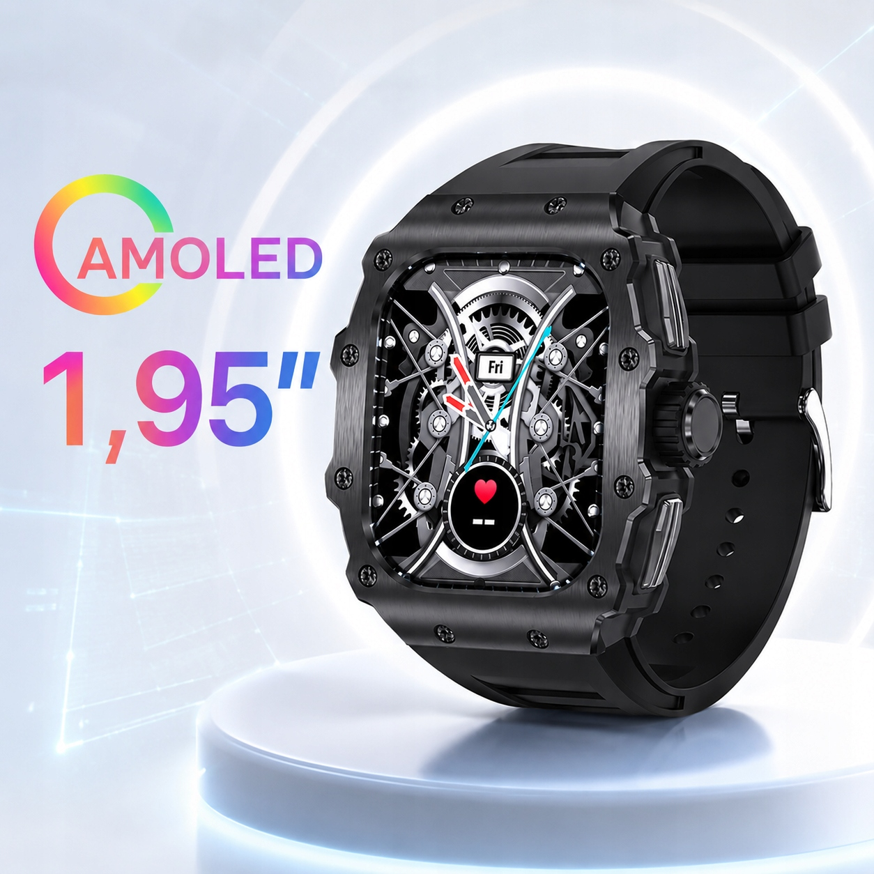 Czarny smartwatch z kwadratową kopertą i szkieletową tarczą stoi na białym postumencie.
