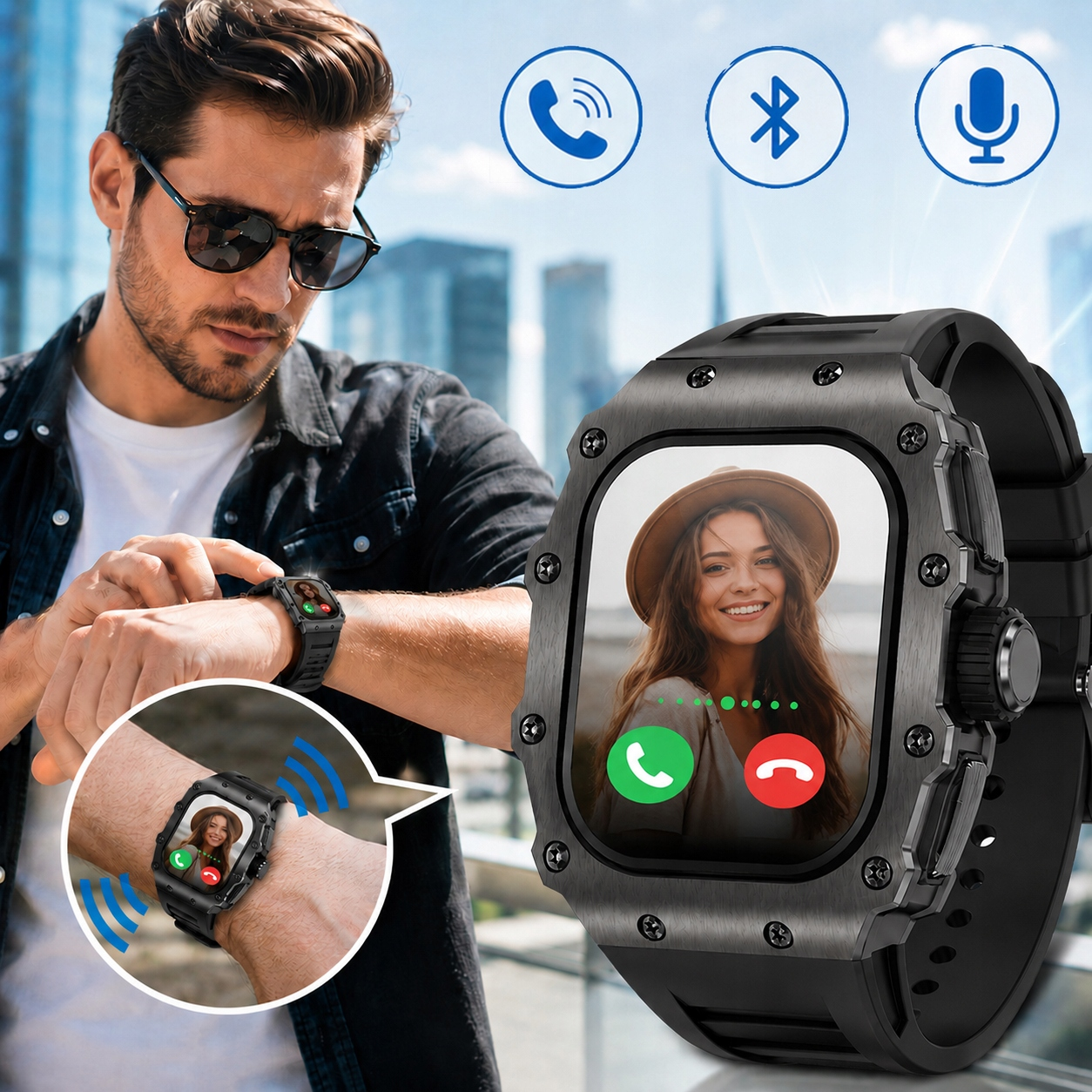 Wytrzymały czarny smartwatch na nadgarstku mężczyzny wyświetla połączenie wideo, pokazując funkcje komunikacyjne.