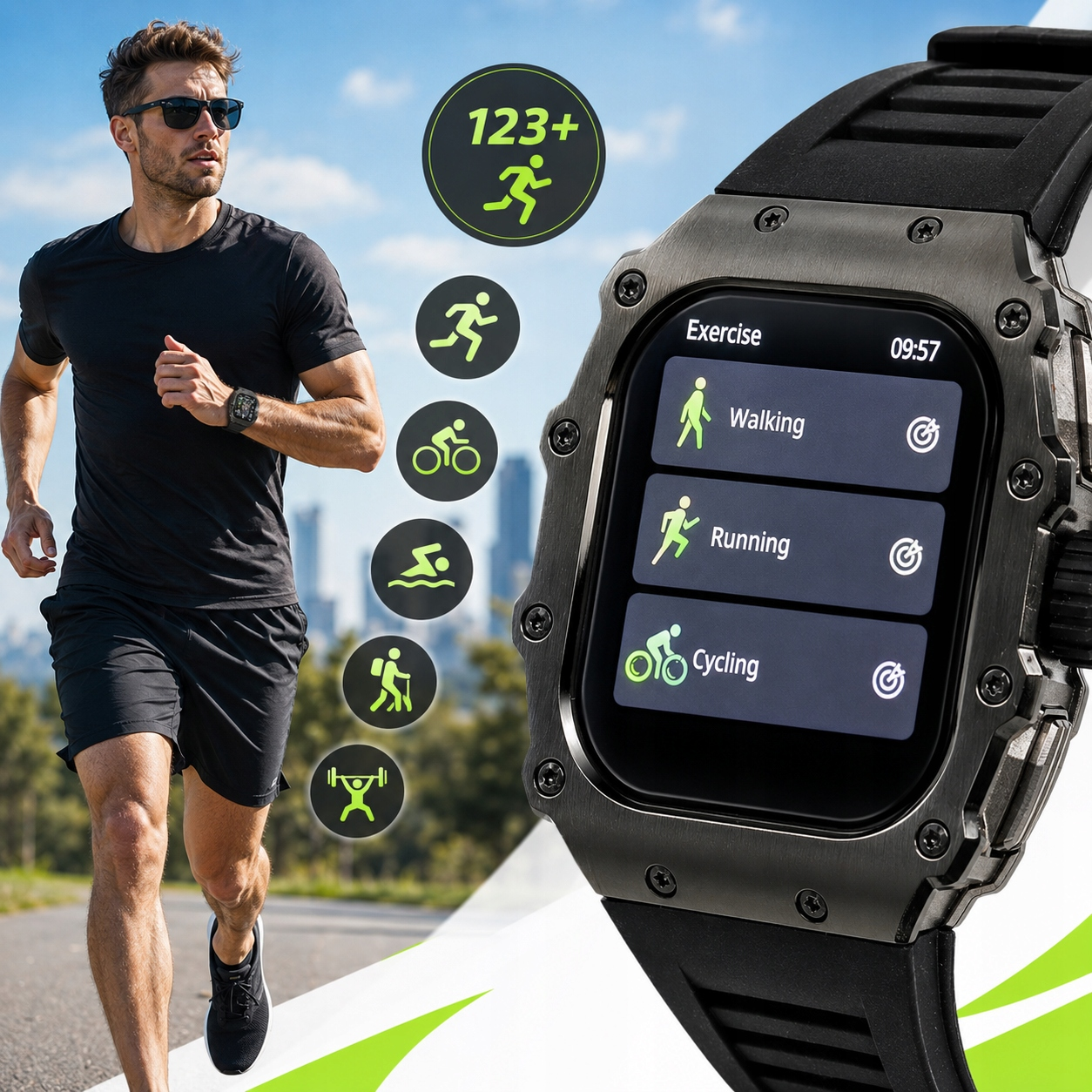 Biegacz w czarnym stroju sportowym obok zbliżenia na smartwatch wyświetlający tryby ćwiczeń.