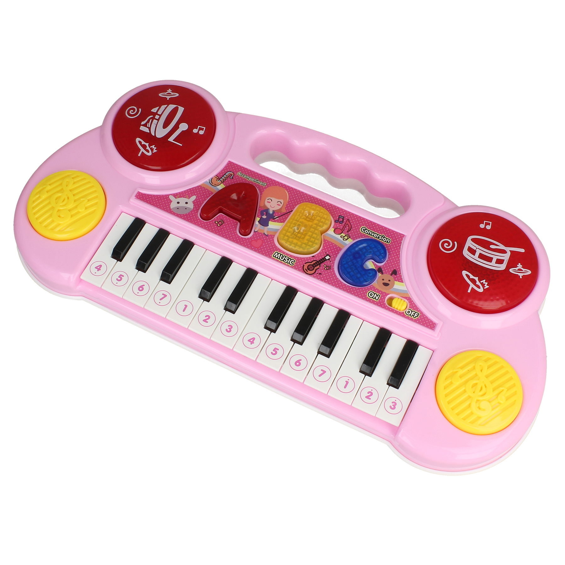 Różowa zabawka keyboard dla dzieci z klawiszami, kolorowymi literami i okrągłymi przyciskami.