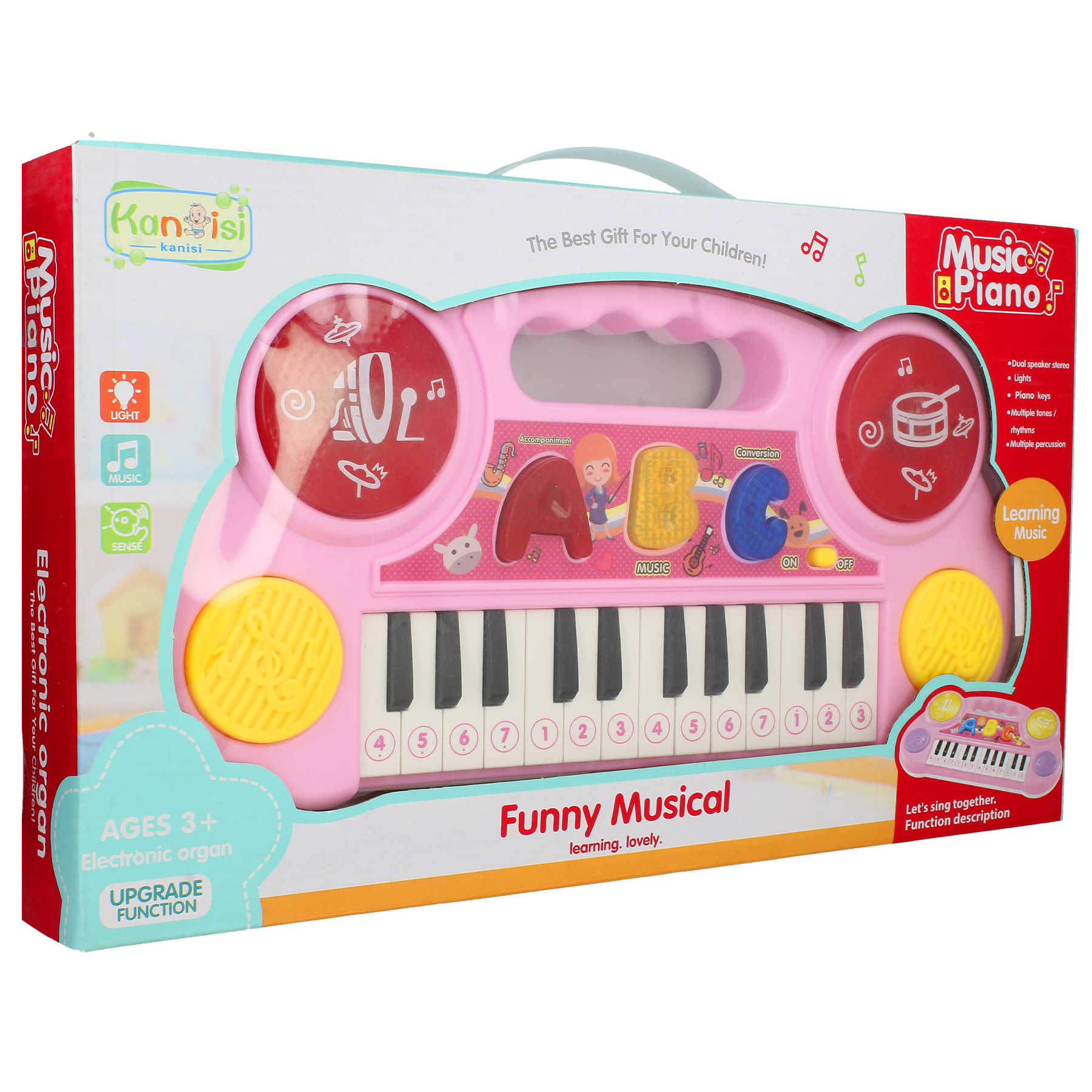 Pudełko różowego keyboardu dla dzieci z kolorowymi klawiszami, bębenkami i literami.