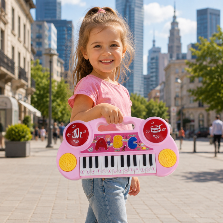Uśmiechnięta dziewczynka trzyma różowy instrument muzyczny na ulicy.