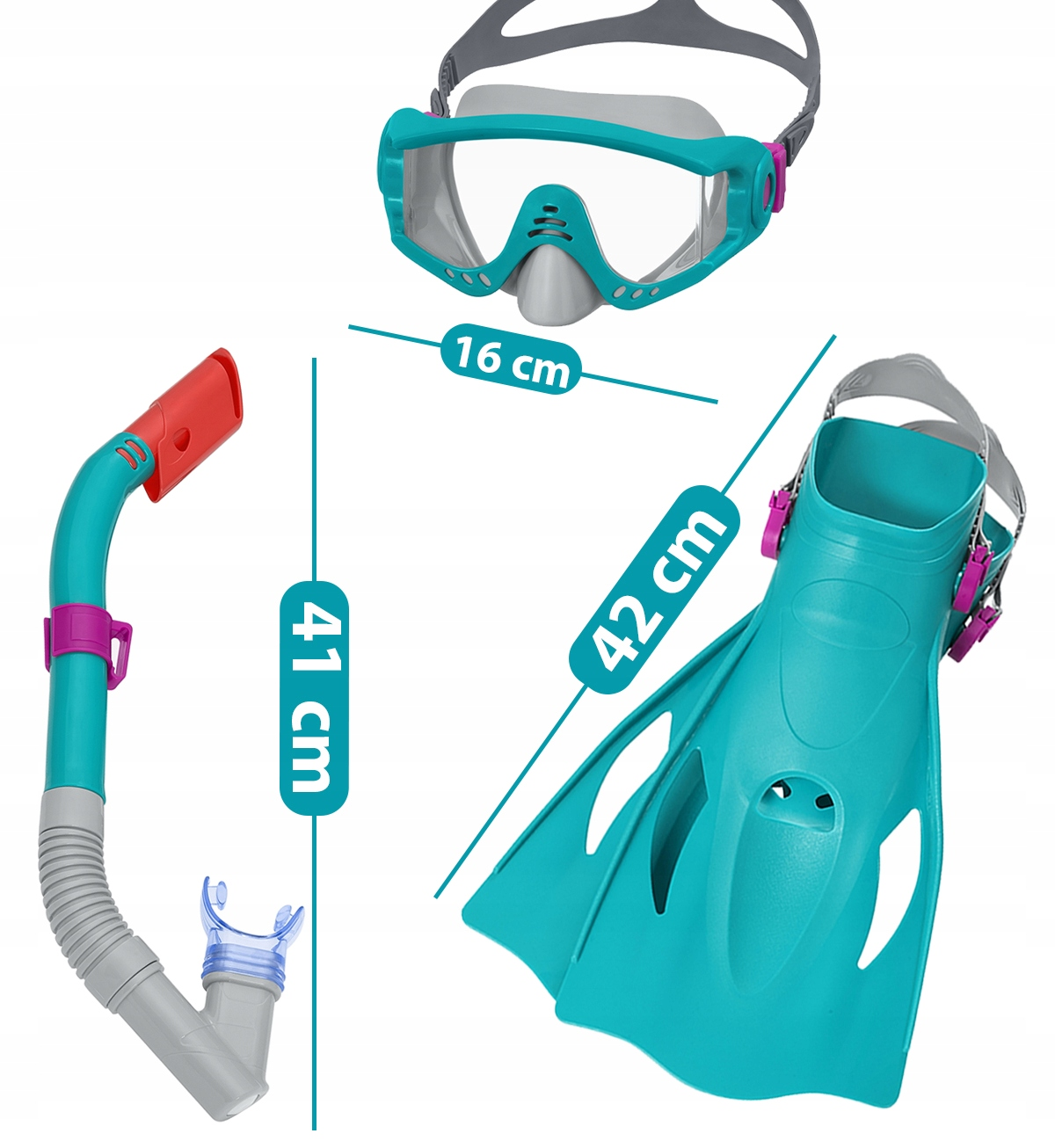 Zestaw do snorkelingu z maską (16 cm), fajką (41 cm) i płetwą (42 cm) w kolorze turkusowym, szarym i czerwonym.