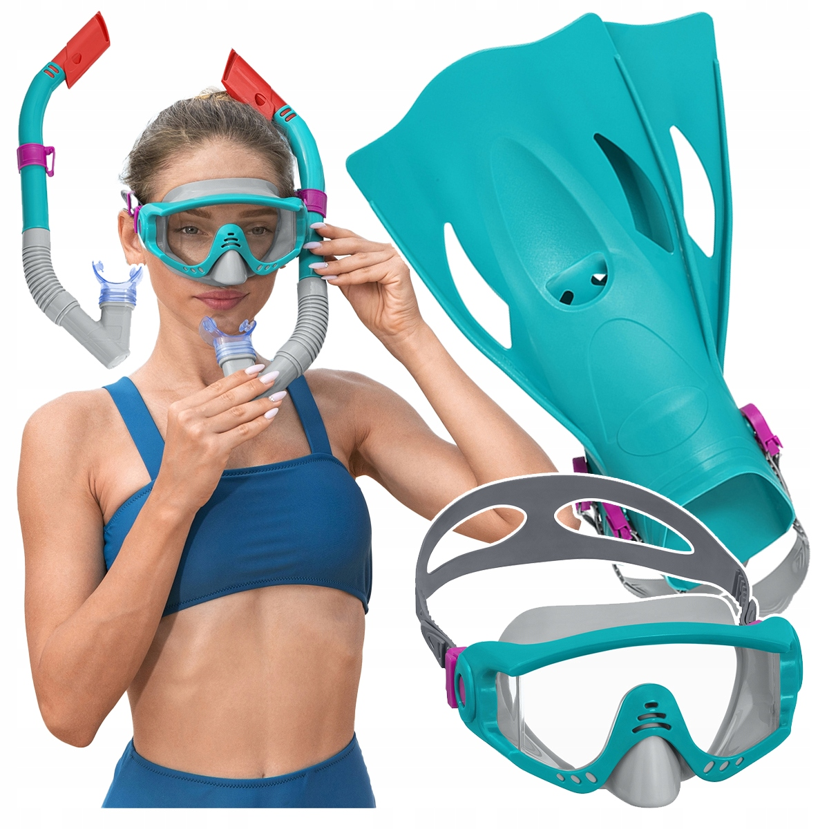 Kobieta w niebieskim stroju sportowym ma maskę do nurkowania i fajkę, w otoczeniu płetw i zapasowej maski.
