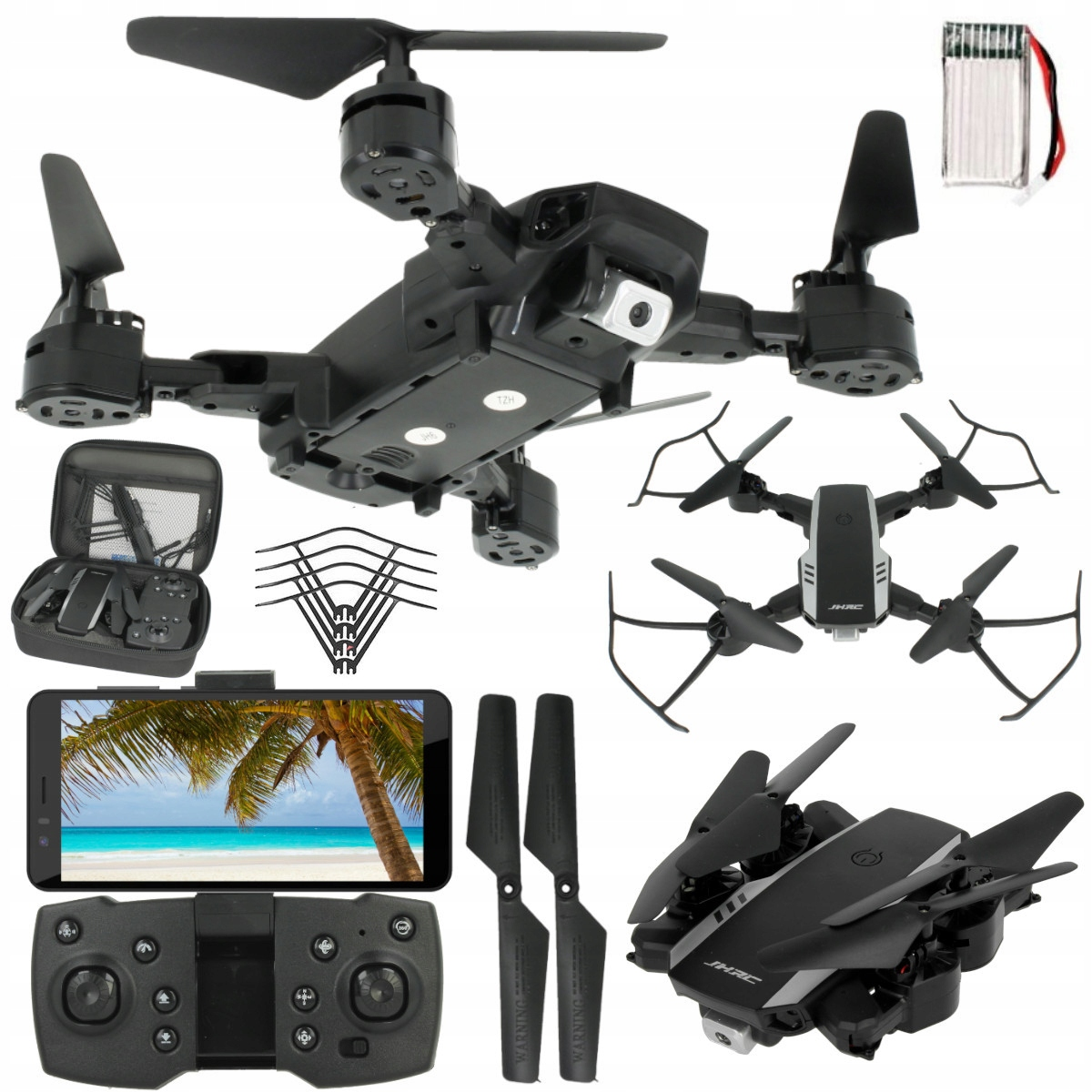 Czarny mini dron z kamerą, kontrolerem, baterią, osłonami śmigieł i etui.