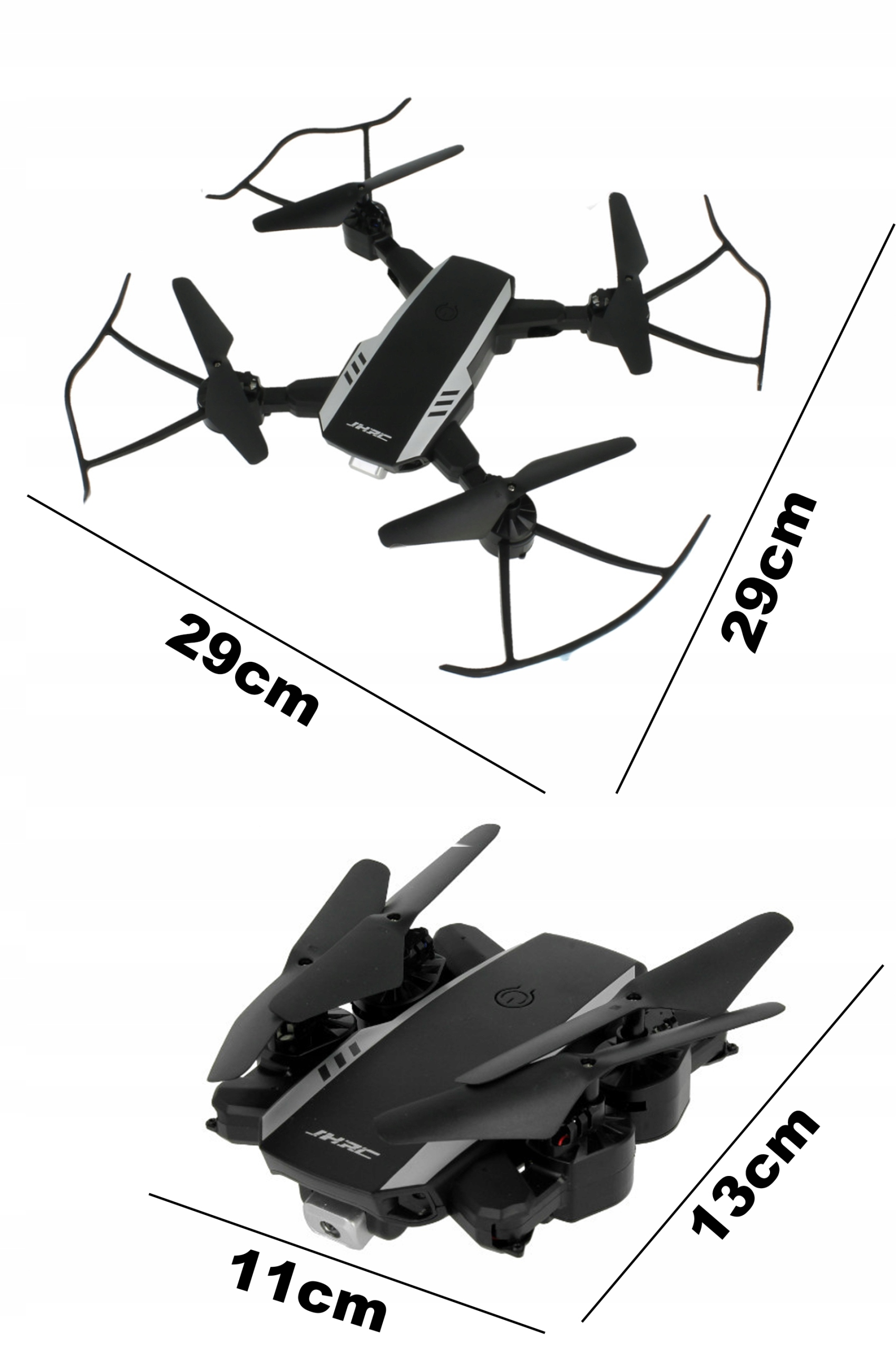 Czarny dron rozłożony (29x29cm) i złożony (11x13cm) na białym tle.