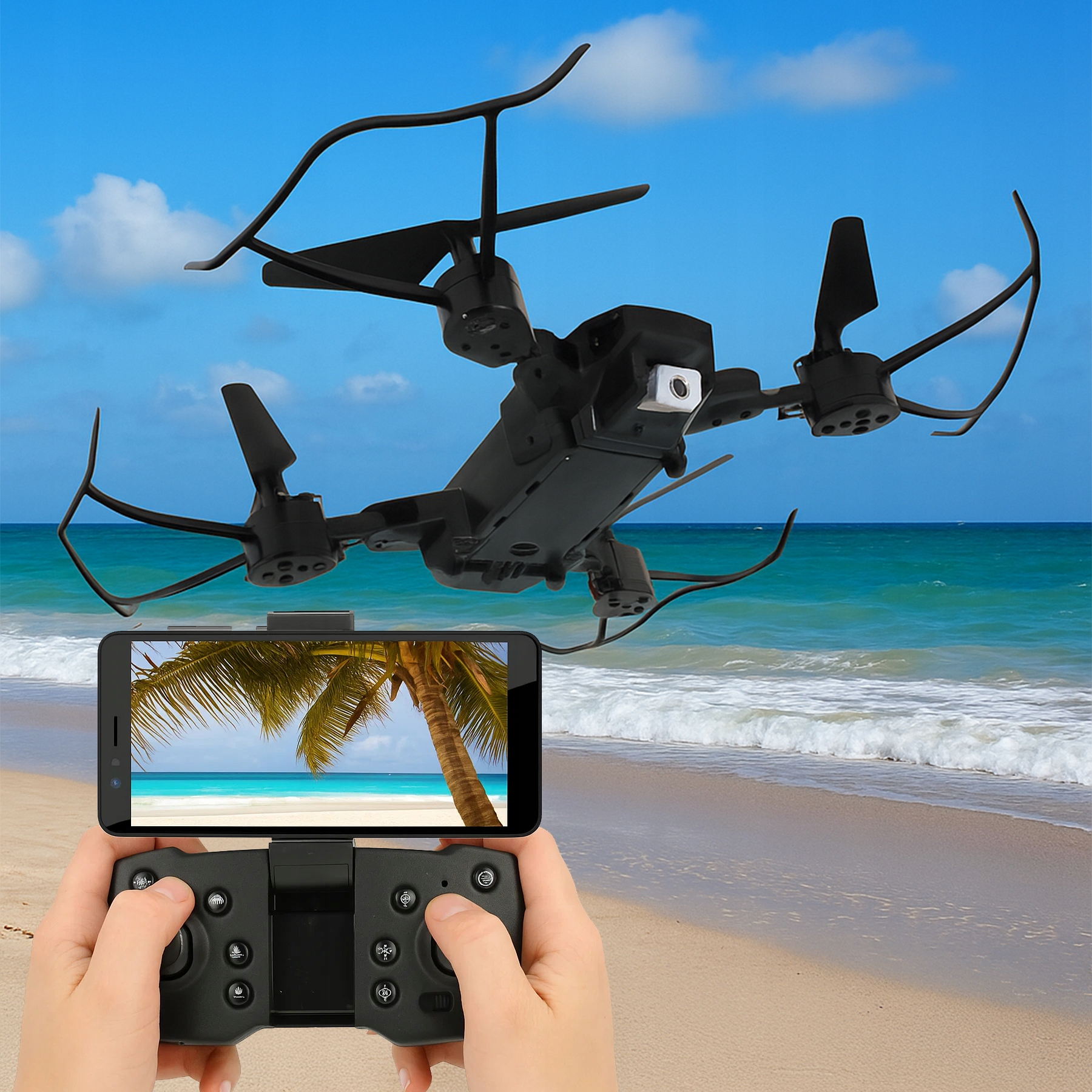 Dron leci nad plażą, a osoba trzyma kontroler pokazujący podgląd na żywo.