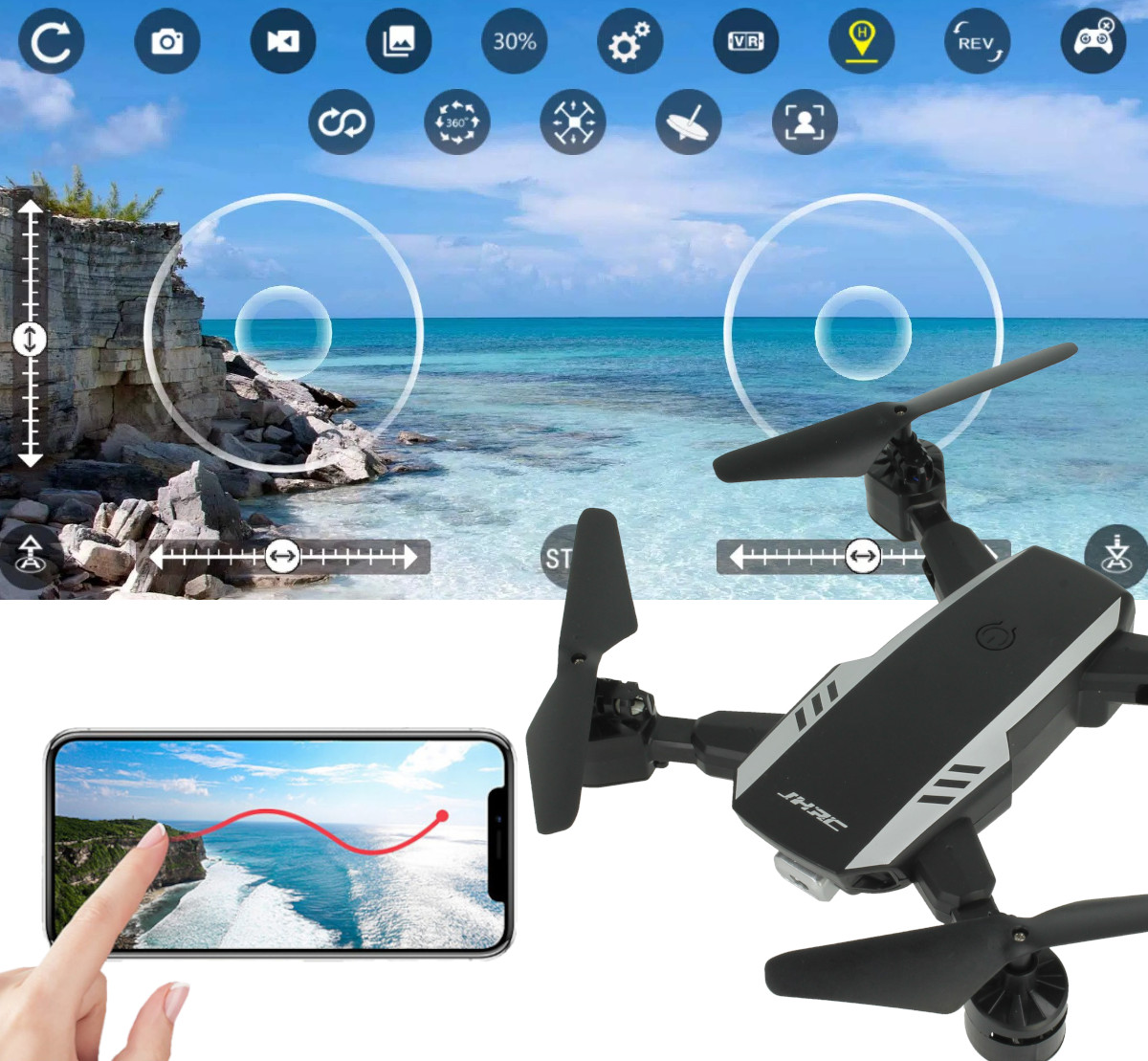 Dron i aplikacja w smartfonie pokazująca sterowanie lotem na tle wybrzeża.