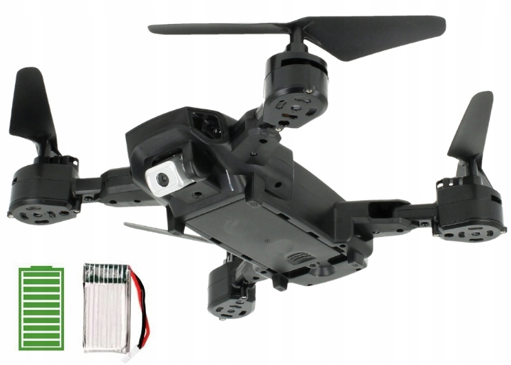 Czarny dron z przednią kamerą i śmigłami, z baterią w lewym dolnym rogu na białym tle.