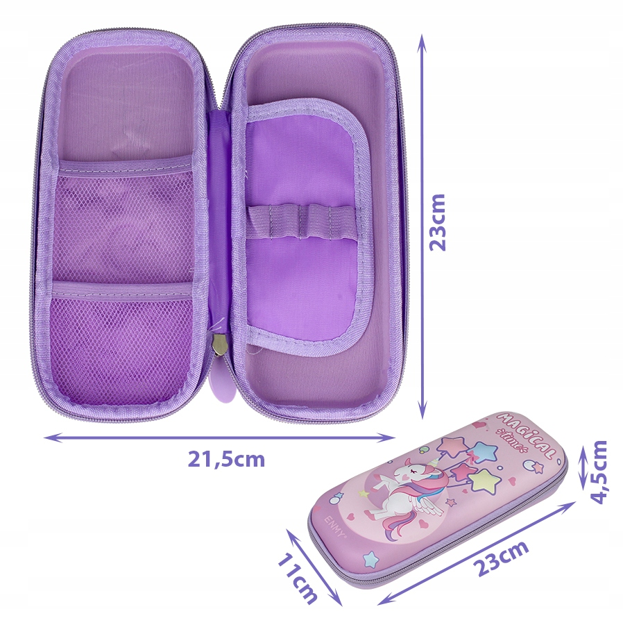 Fioletowy piórnik z motywem jednorożca i wymiarami: wysokość 23 cm, szerokość 21,5 cm, głębokość 4,5 cm.
