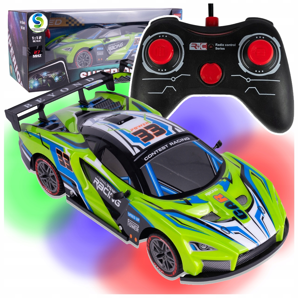Zielony samochód wyścigowy RC w skali 1:12 z pilotem i pudełkiem.