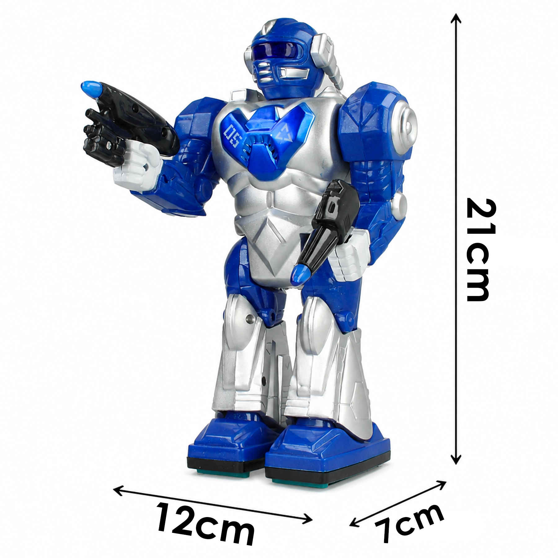 Niebiesko-srebrny robot zabawka z bronią, o wysokości 21 cm, szerokości 12 cm i głębokości 7 cm.