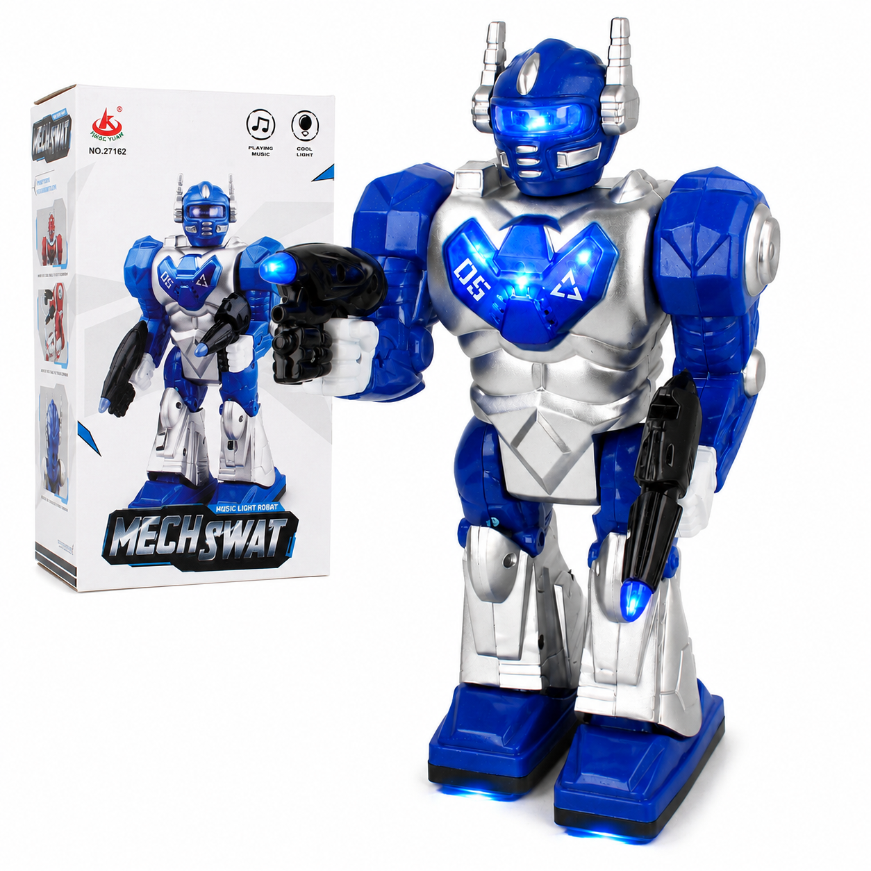 Niebiesko-srebrny robot mech z bronią i świecącymi światłami stoi obok swojego pudełka.