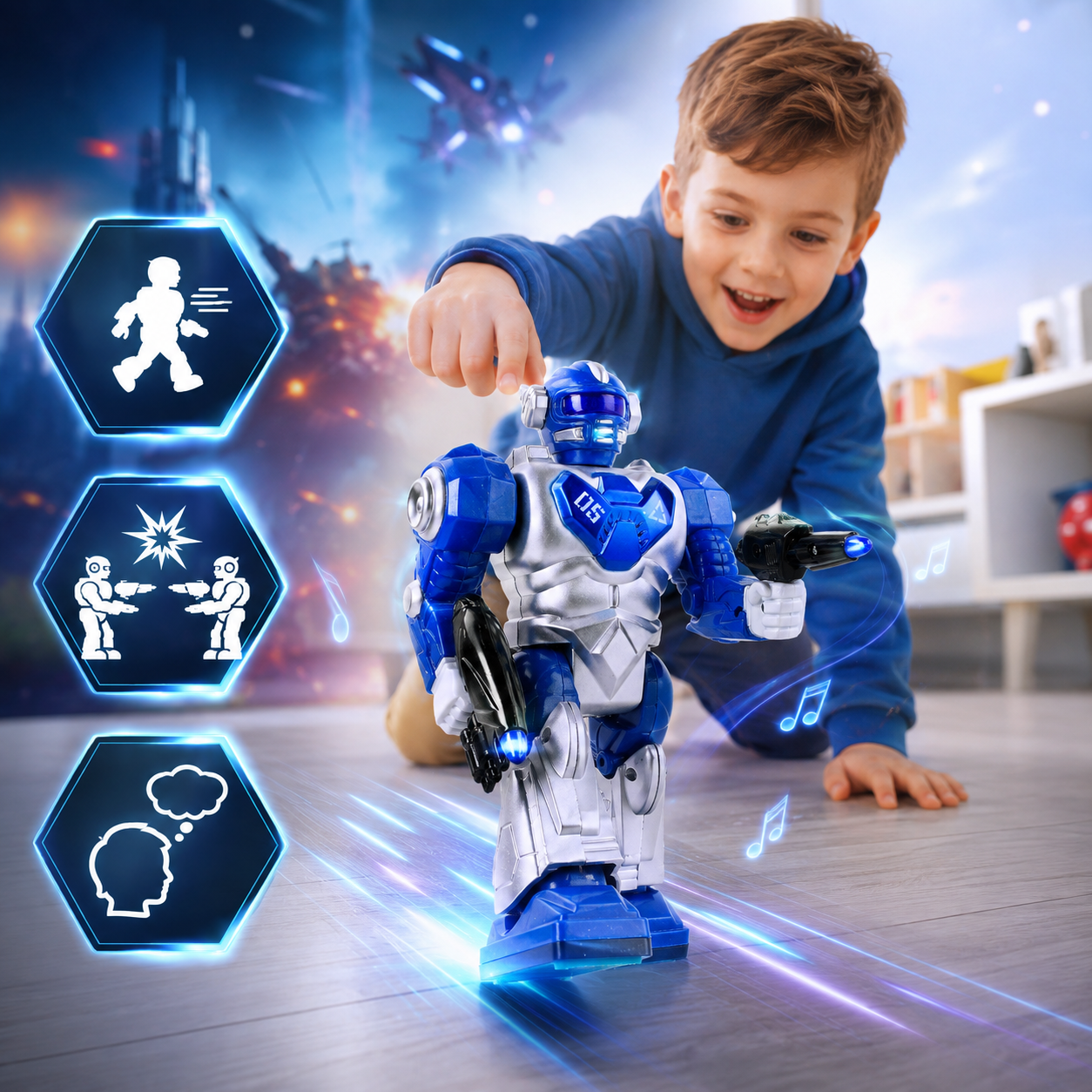 Uśmiechnięty chłopiec bawi się niebiesko-srebrnym robotem na podłodze, obok świecących ikon.