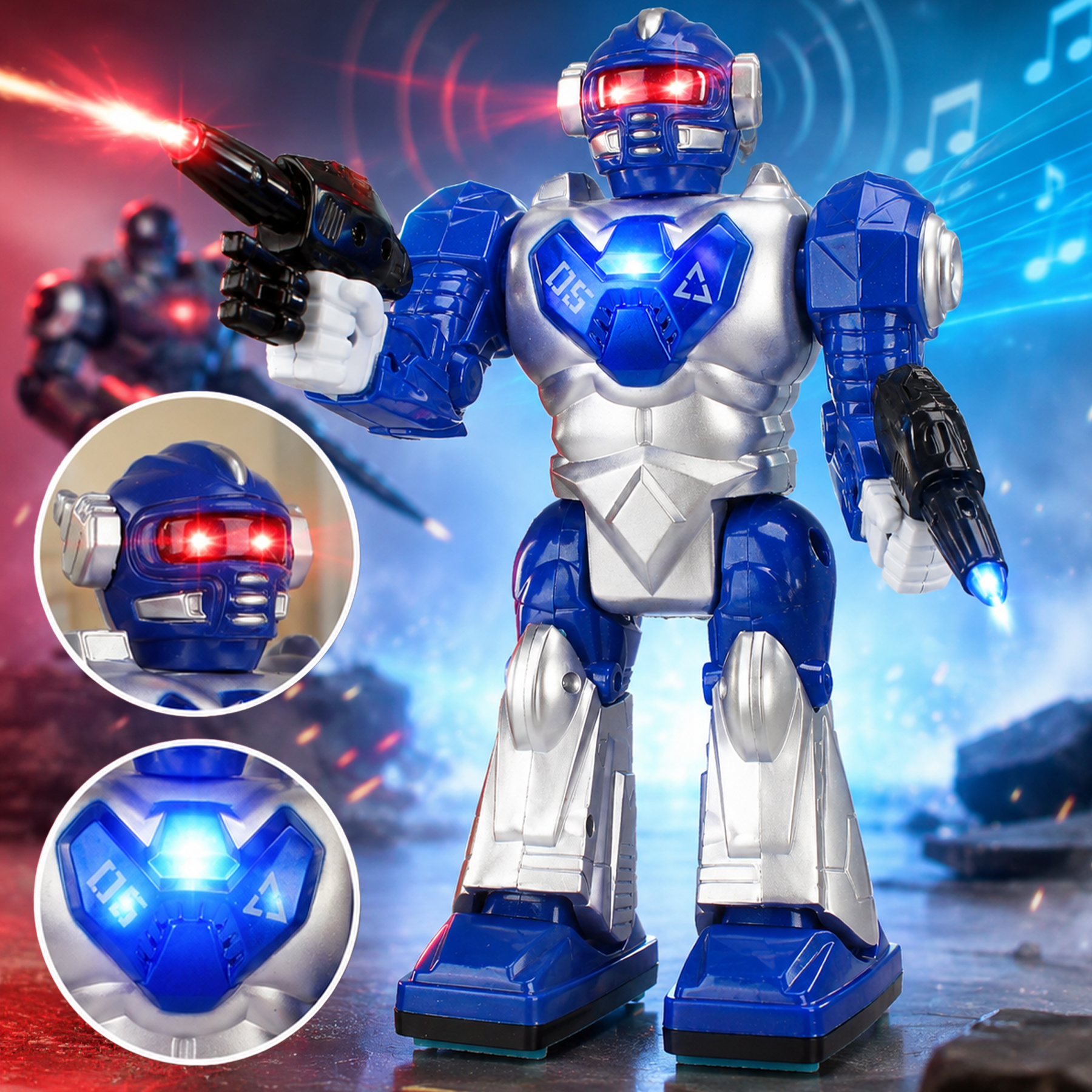 Niebiesko-srebrny robot zabawka z czerwonymi oczami i świecącą klatką piersiową.