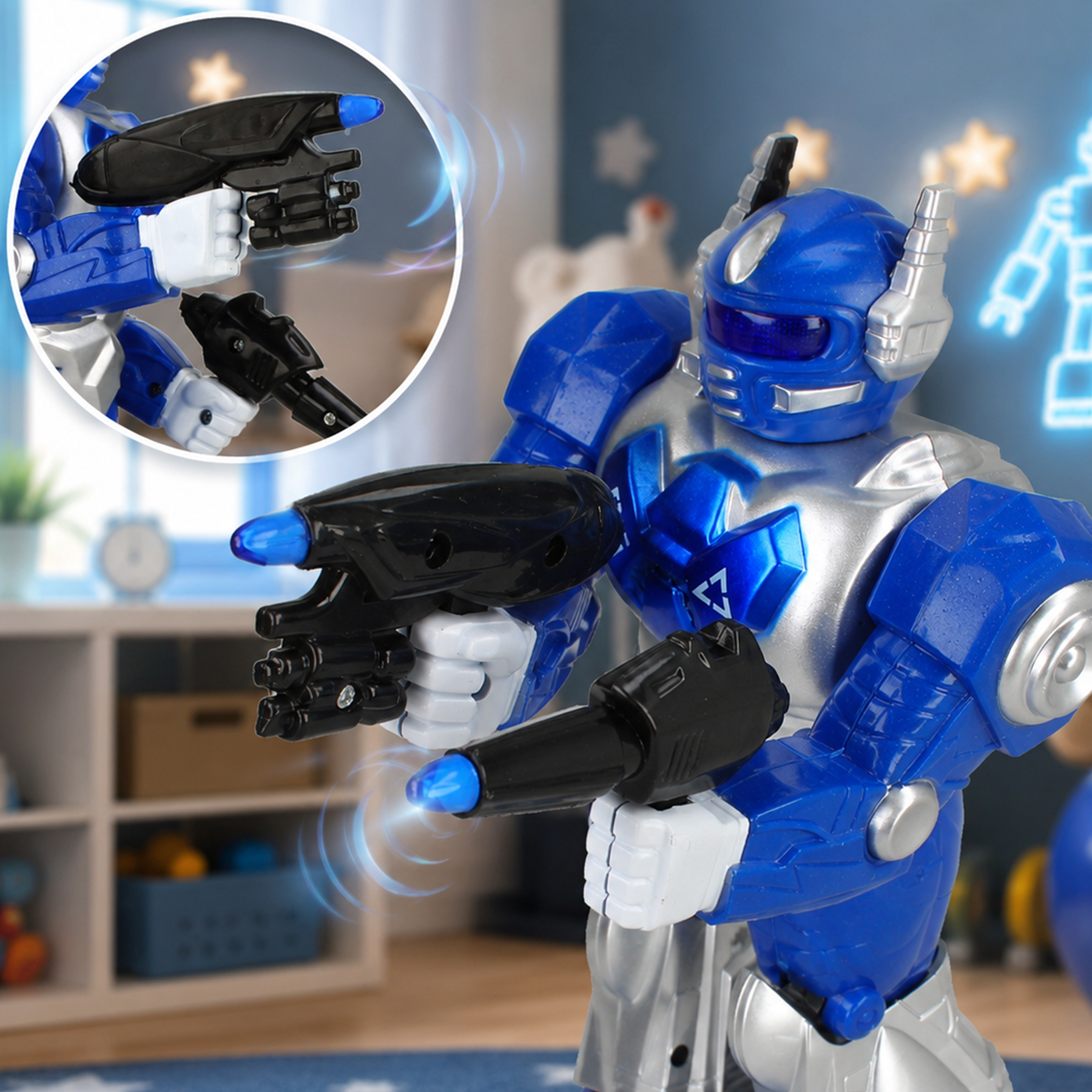 Niebiesko-srebrny robot zabawka trzyma dwa czarne blasters z niebieskimi końcówkami w pokoju dziecięcym.