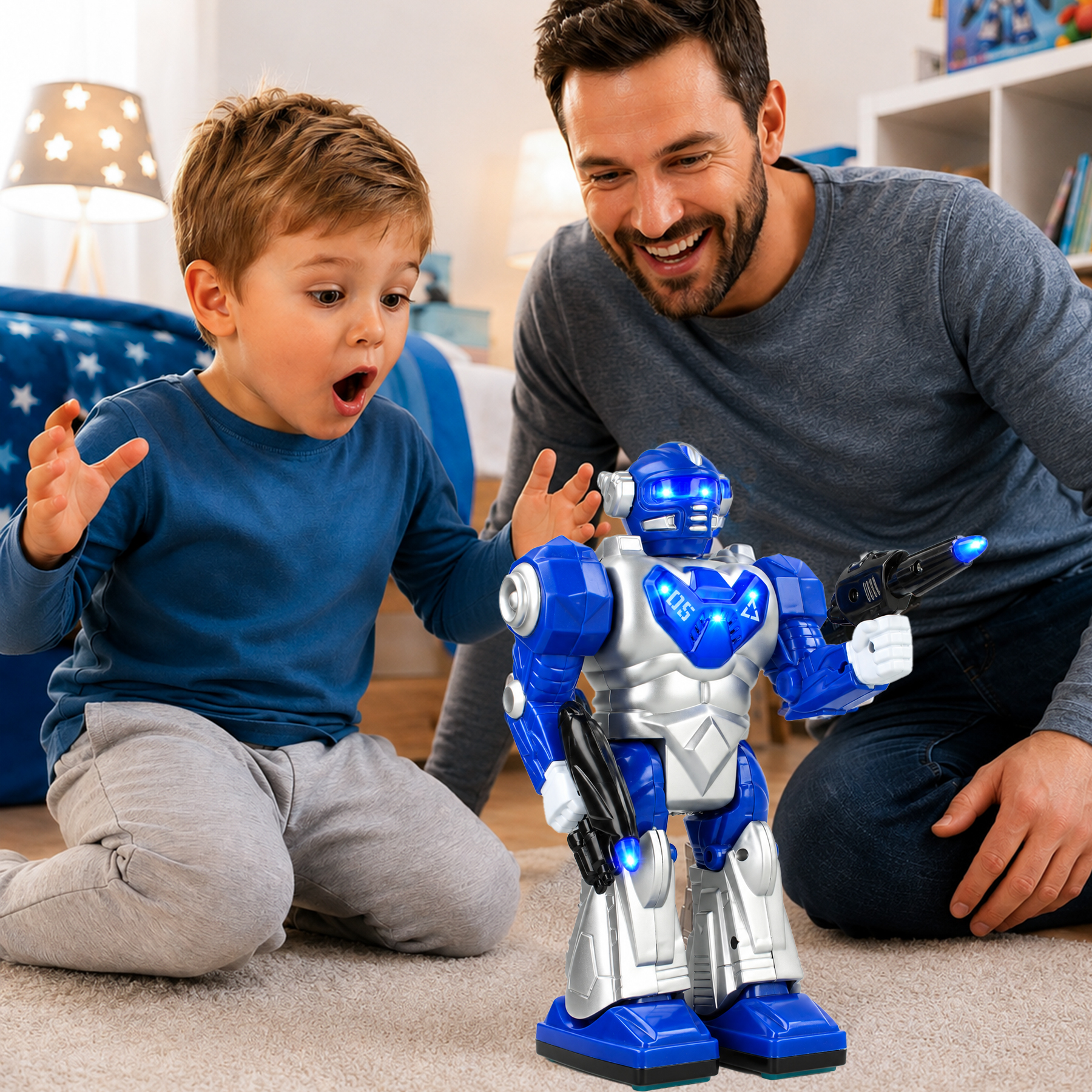 Ojciec i syn z zachwytem patrzą na niebieskiego robota.