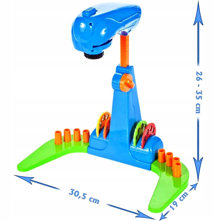 Niebiesko-zielony plastikowy projektor-zabawka o wymiarach: wysokość 26-35 cm, szerokość 30,5 cm, głębokość 19 cm.