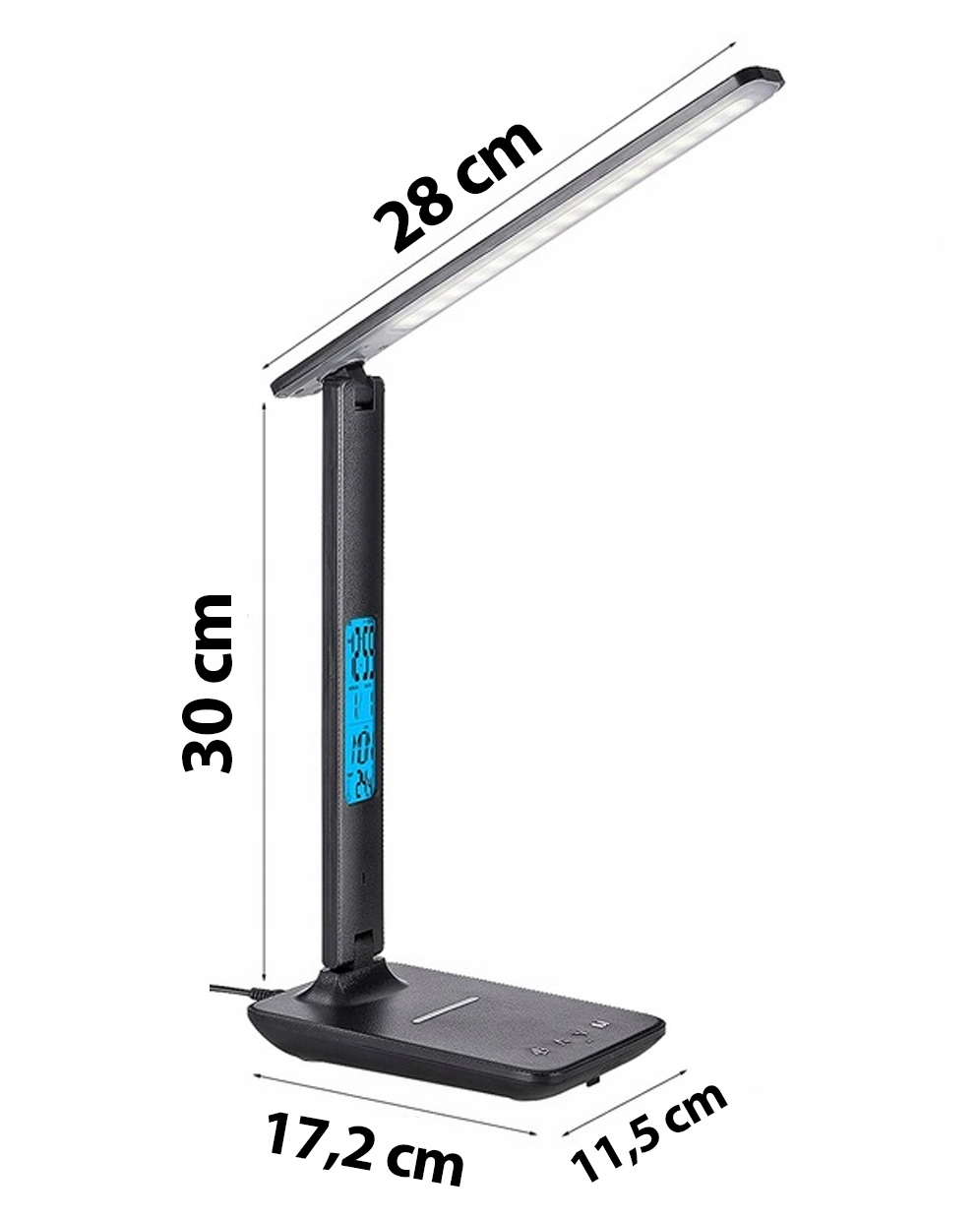 Czarna lampka biurkowa LED z cyfrowym wyświetlaczem i wymiarami w centymetrach.