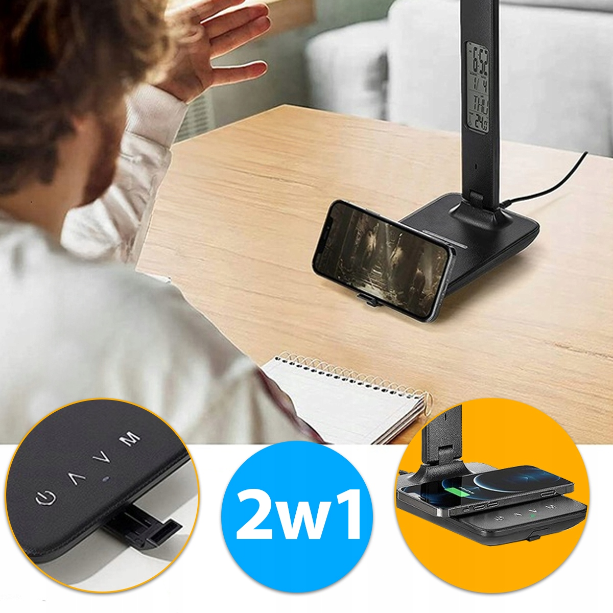 Osoba siedzi przy drewnianym biurku z czarną lampką, uchwytem na telefon i notesem.