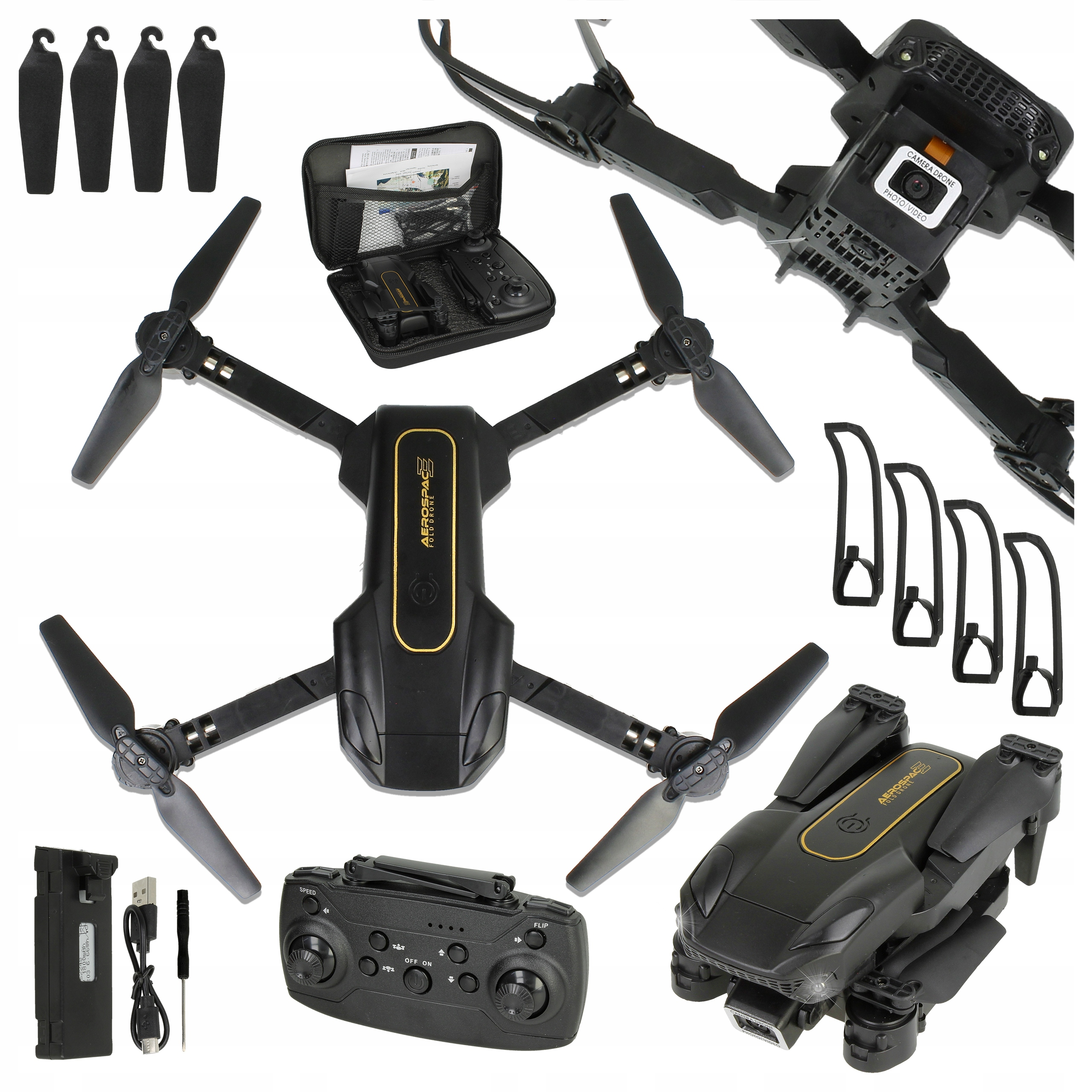 Czarny dron z akcesoriami, w tym zapasowe śmigła, kontroler, bateria, etui i osłony na białym tle.
