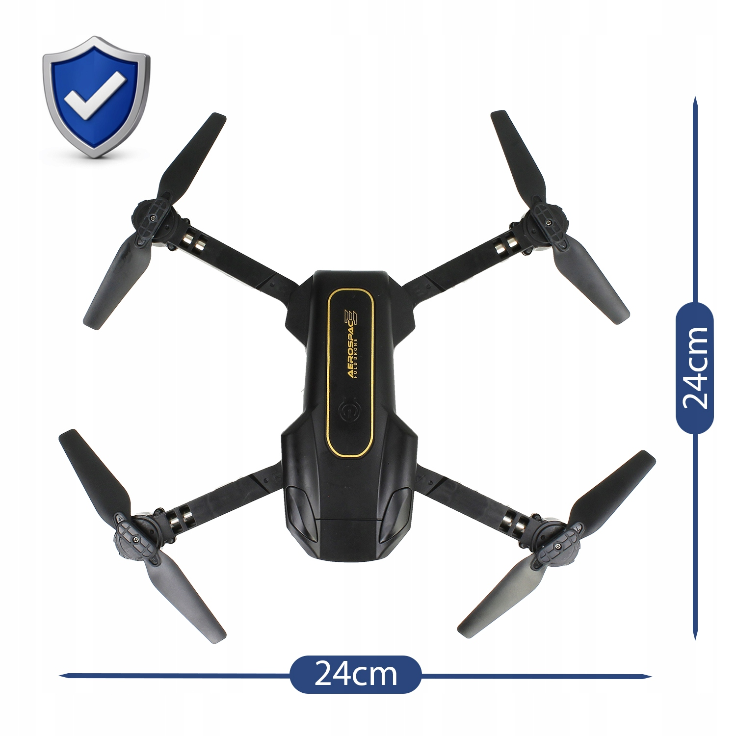 Czarny składany dron z czterema śmigłami, pokazany z góry ze wskaźnikami wymiarów 24 cm szerokości i długości.