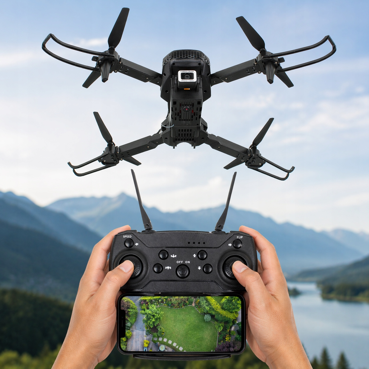 Osoba steruje czarnym dronem na tle górskiego krajobrazu, a smartfon wyświetla obraz z kamery na żywo.