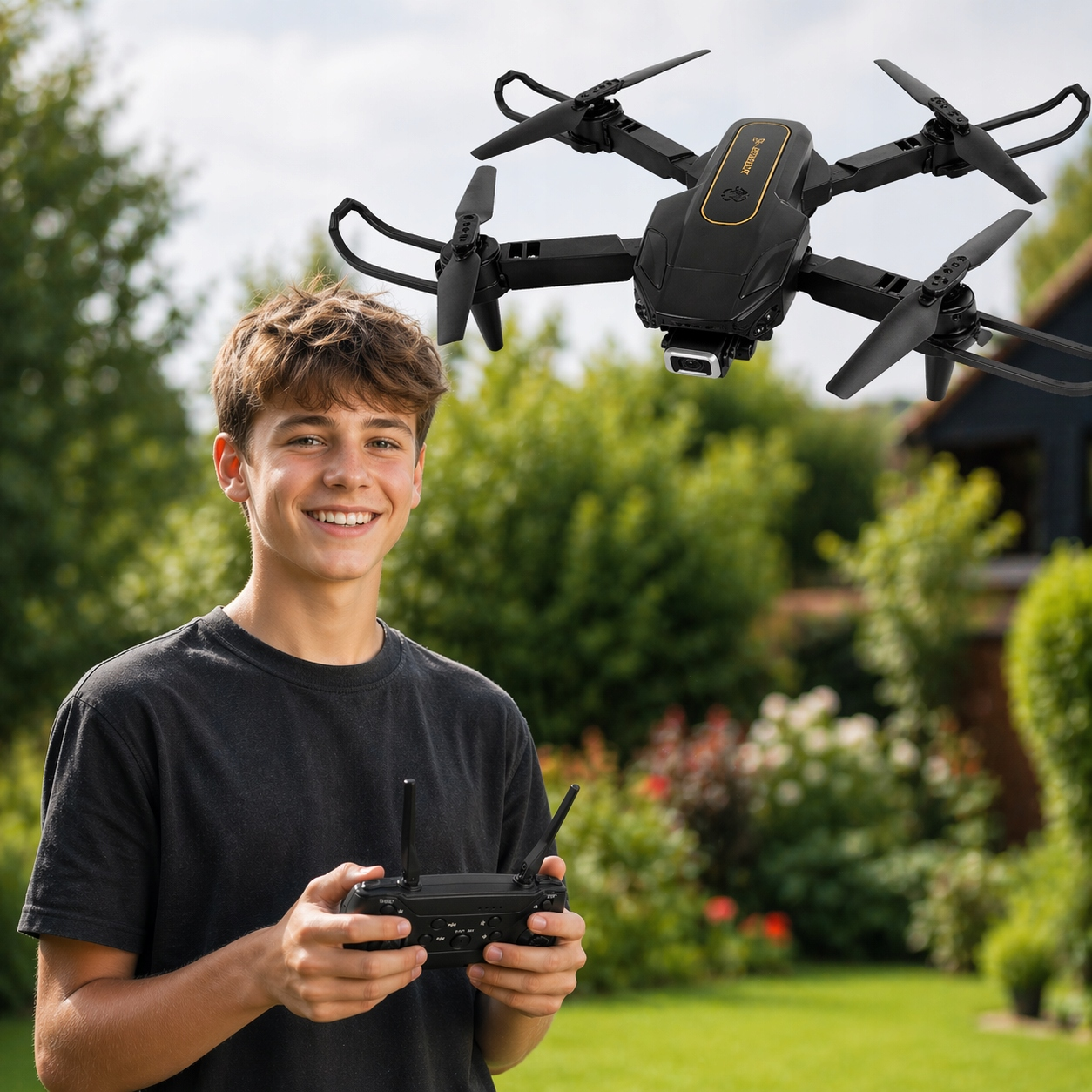 Uśmiechnięty chłopiec obsługuje pilota, podczas gdy czarny dron lata w zielonym ogrodzie.