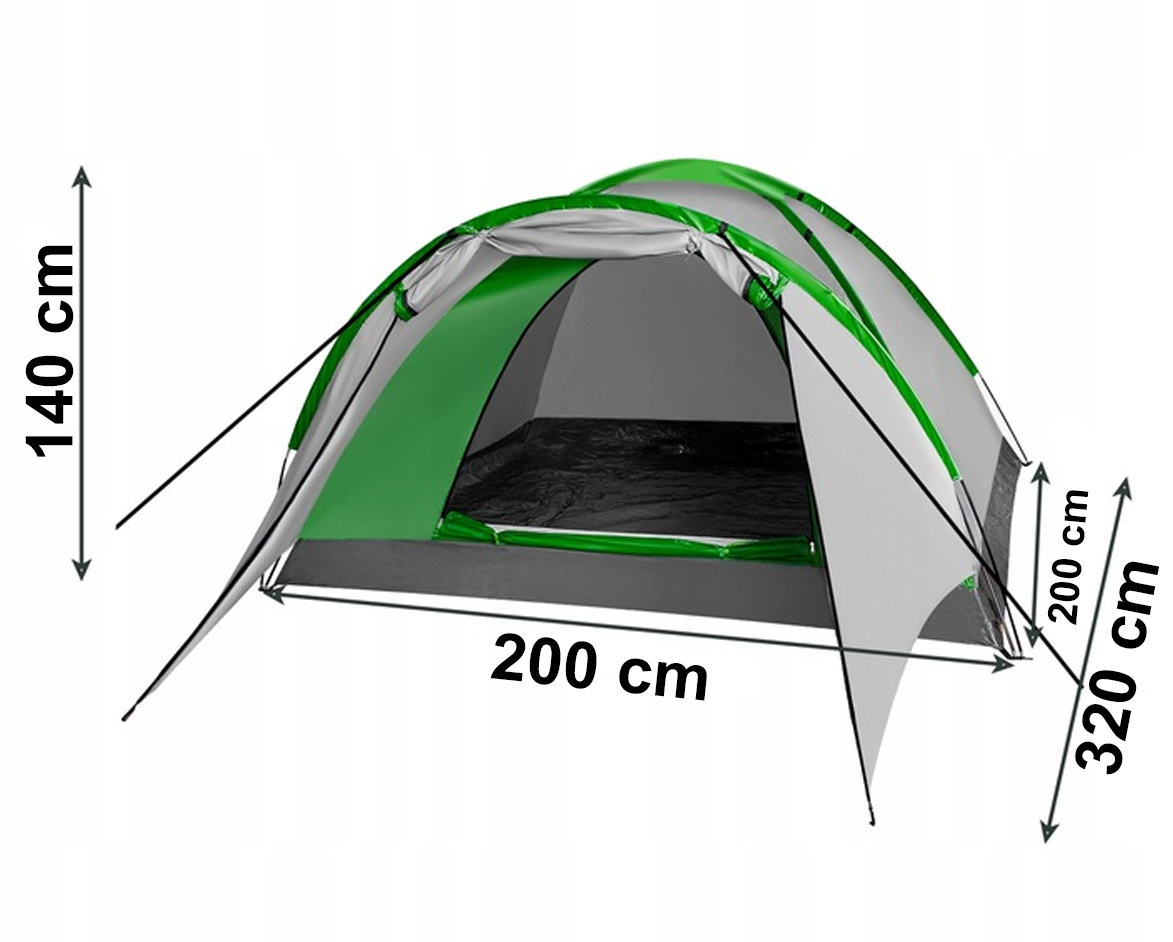 Zielono-szary namiot z wymiarami: wysokość 140 cm, szerokość 200 cm, długość 320 cm.