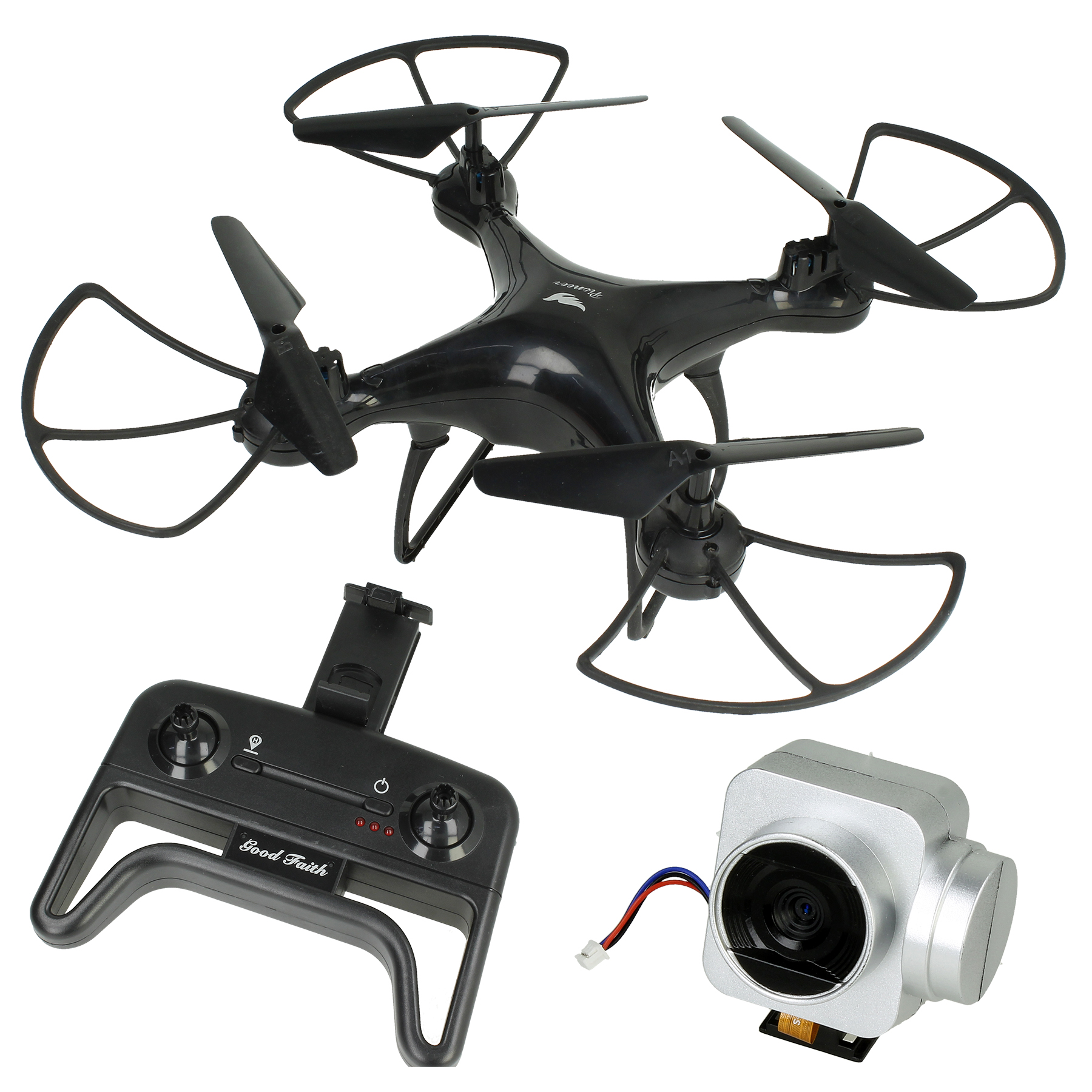 Czarny dron z osłonami, pilotem i osobną kamerą na białym tle.