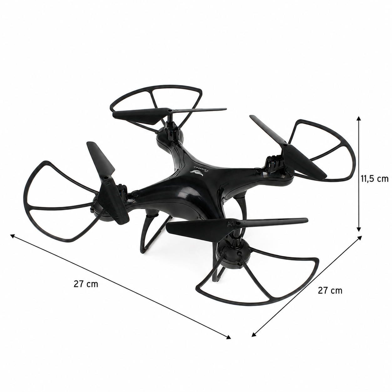 Czarny dron z osłonami śmigieł i wymiarami 27x27x11,5 cm.