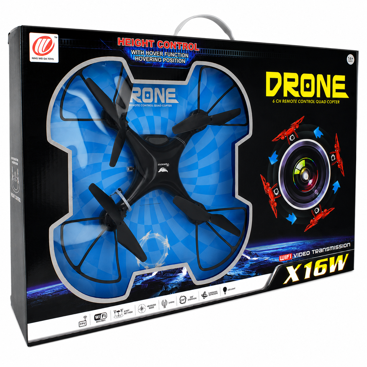 Czarny dron X16W w opakowaniu z niebieskim tłem i żółtym tekstem.