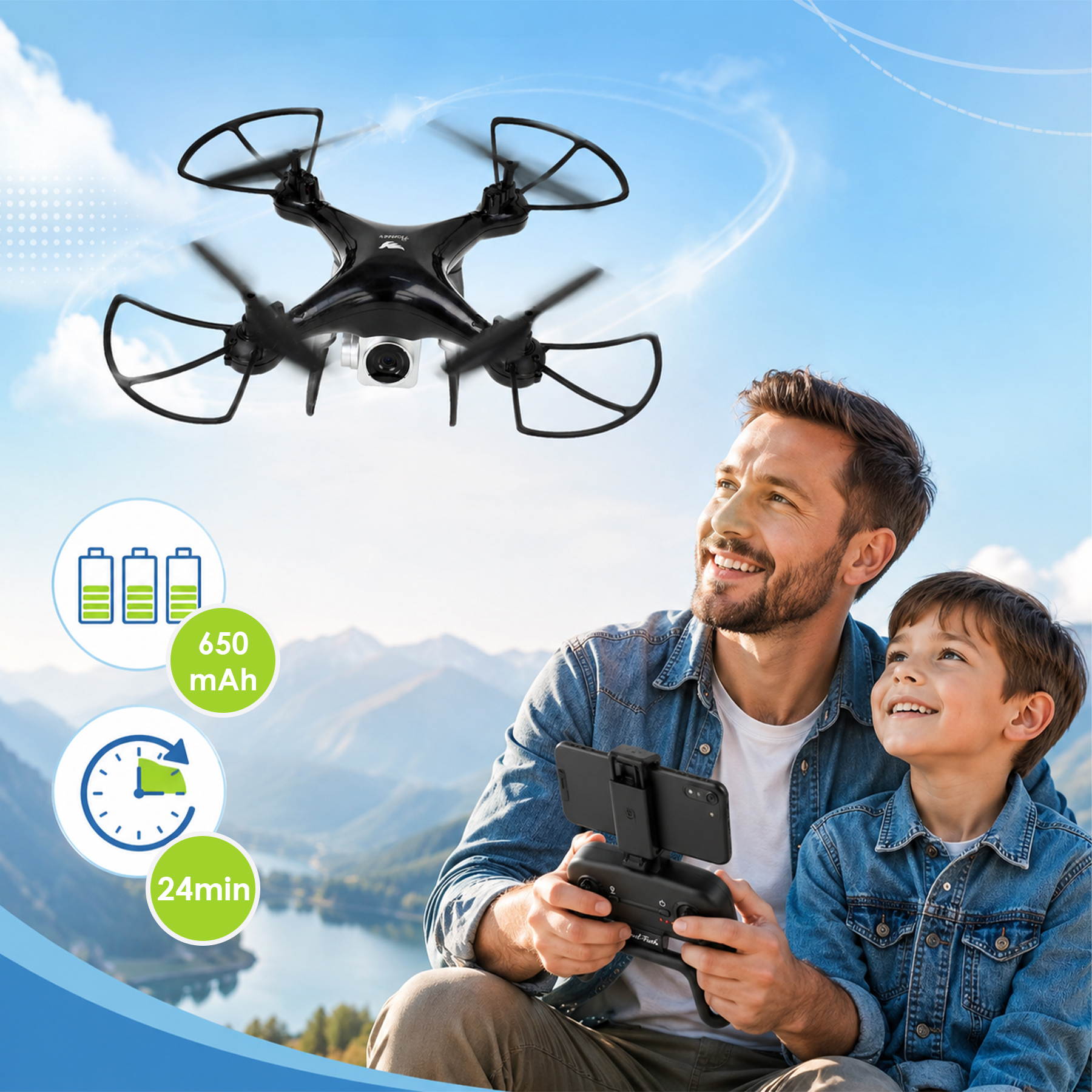 Ojciec z synem z radością sterują czarnym dronem na świeżym powietrzu.