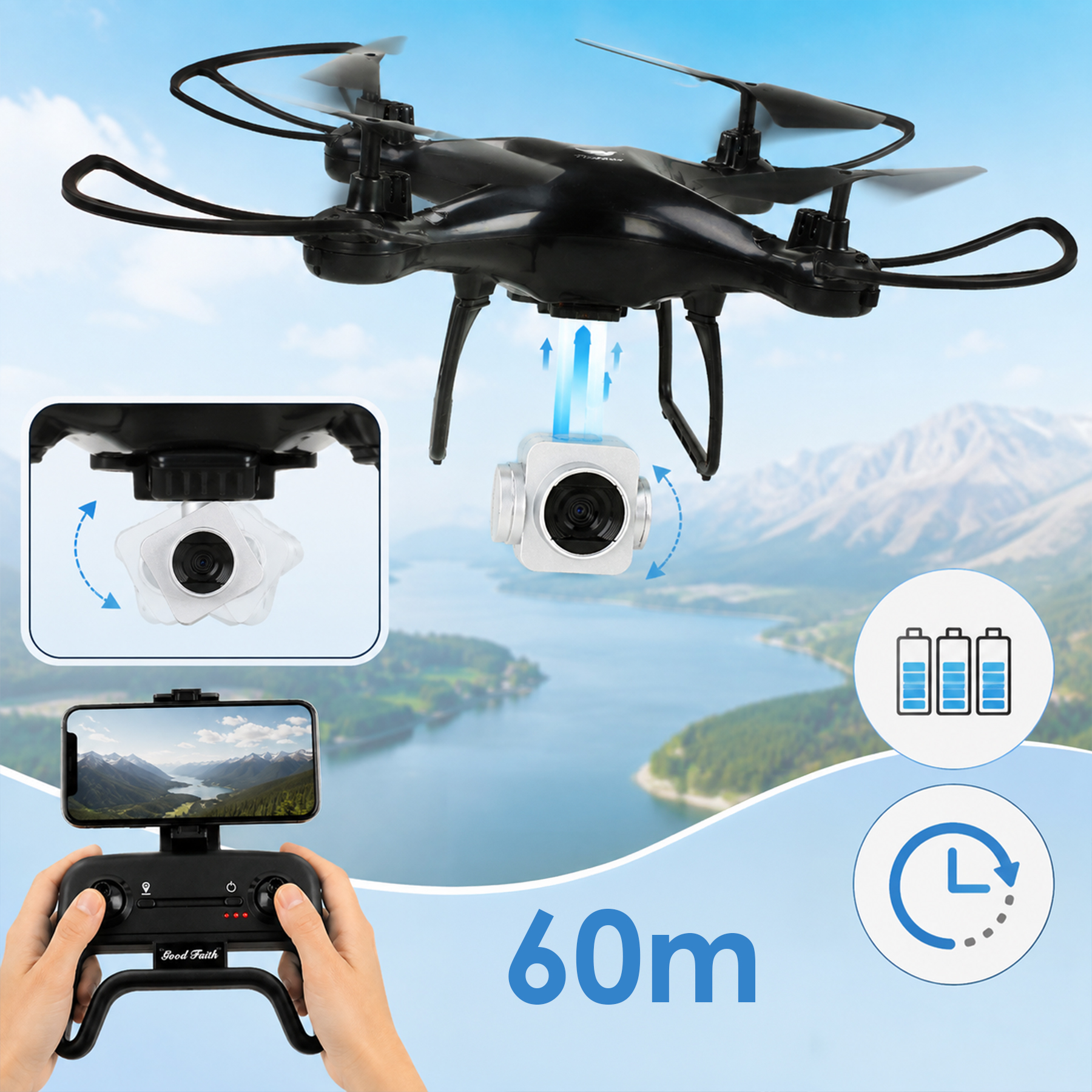 Dron lata nad krajobrazem gór i jeziora, sterowany smartfonem z ikonami kamery i baterii.