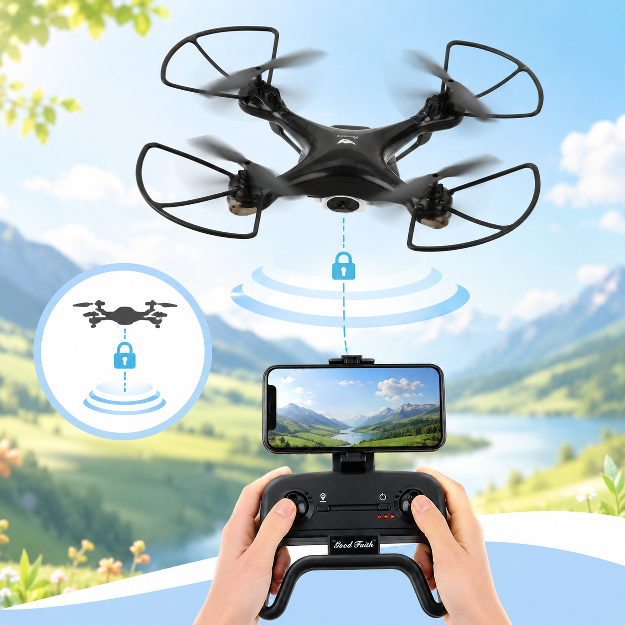 Dron jest sterowany za pomocą smartfona i kontrolera na tle górskiego krajobrazu.
