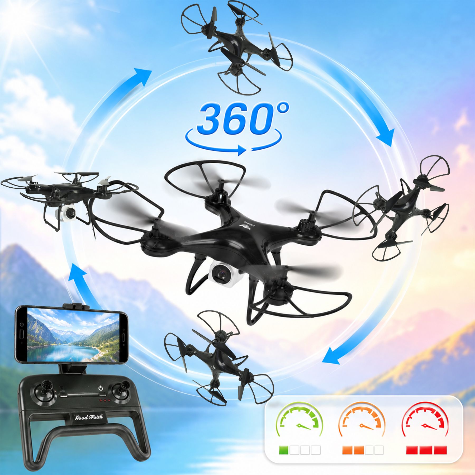 Czarny dron wykonuje obrót o 360 stopni nad górskim krajobrazem, sterowany smartfonem i pilotem.