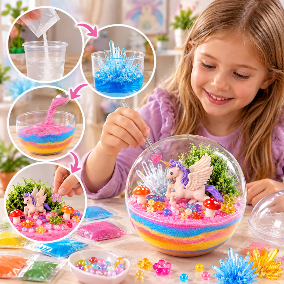 Uśmiechnięta dziewczynka buduje magiczne terrarium z jednorożcem, kolorowym piaskiem i kryształami.