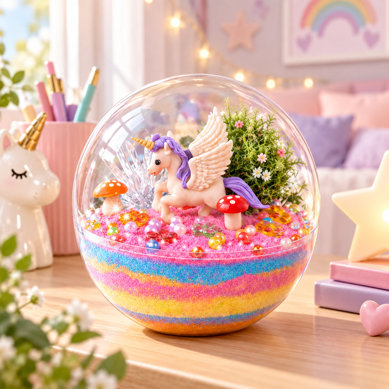 Szklane terrarium zawiera skrzydlatego jednorożca, warstwowy kolorowy piasek, małe grzyby i zielone rośliny na stole.