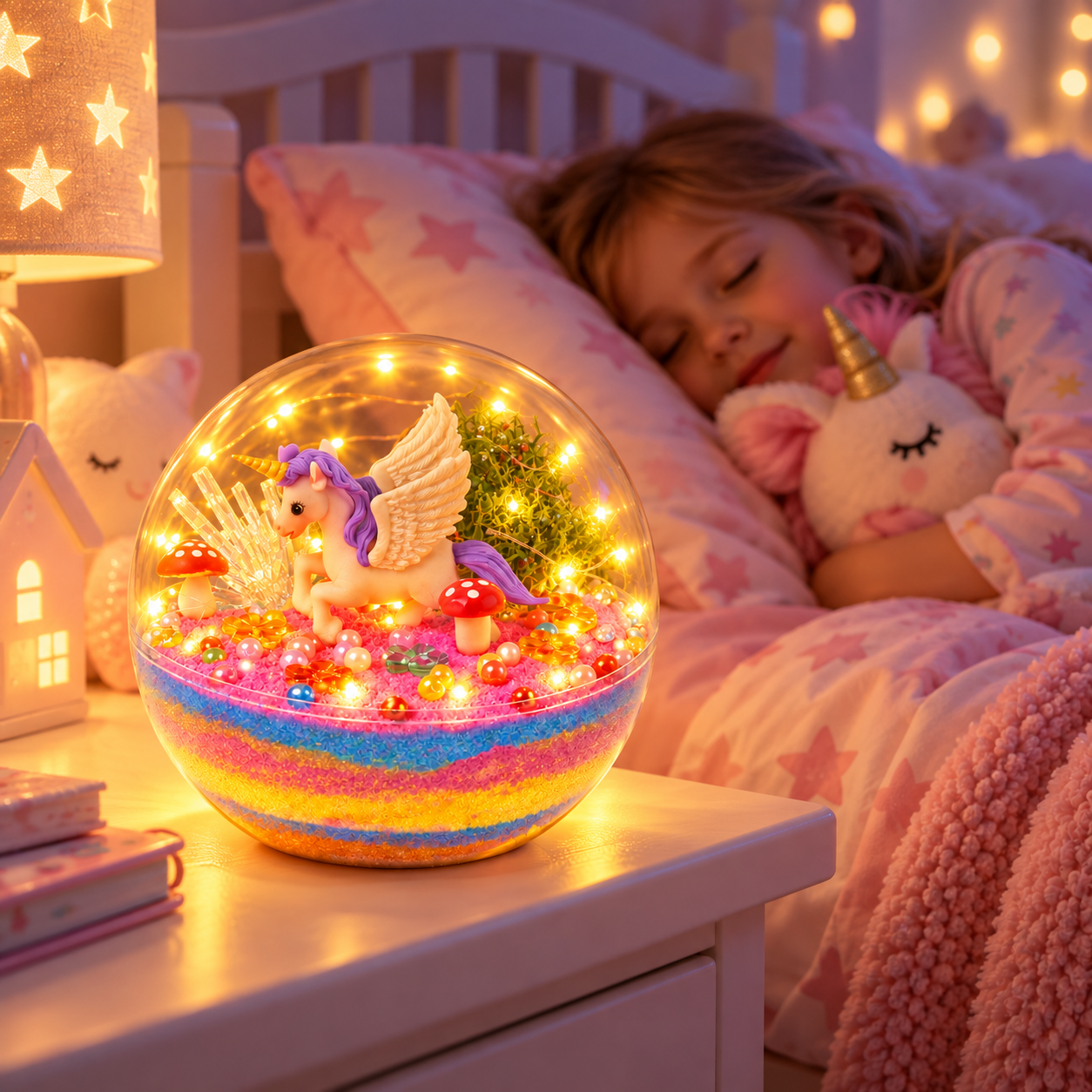 Świetliste terrarium z jednorożcem na szafce nocnej, podczas gdy dziecko śpi.