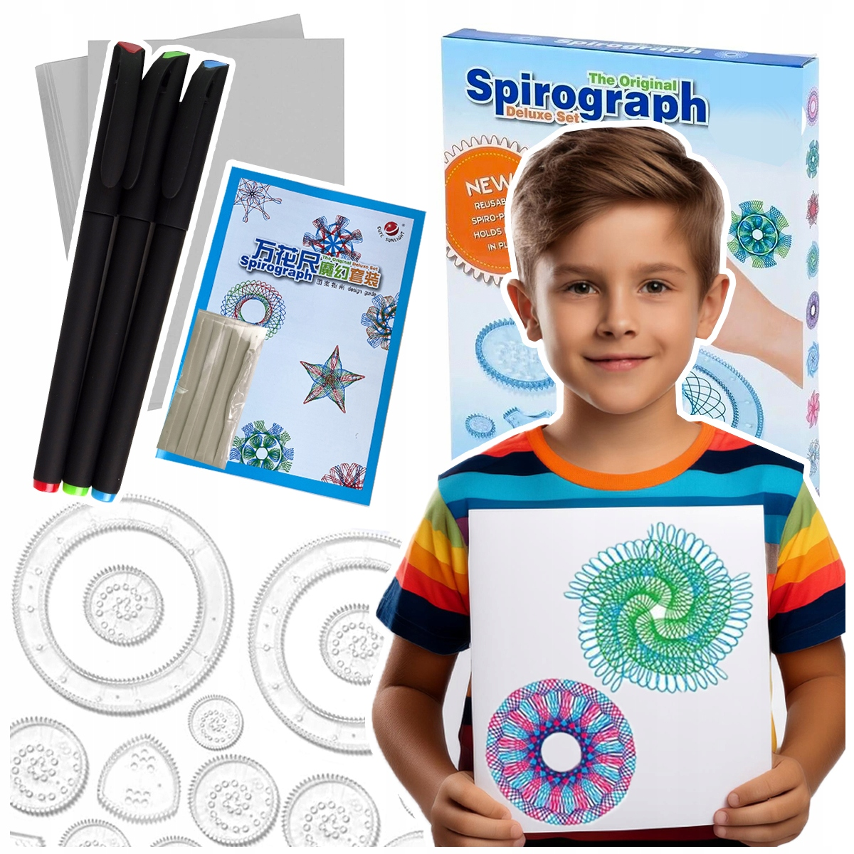 Chłopiec pokazuje rysunki Spirograph, otoczony długopisami, papierem i kołami zębatymi.