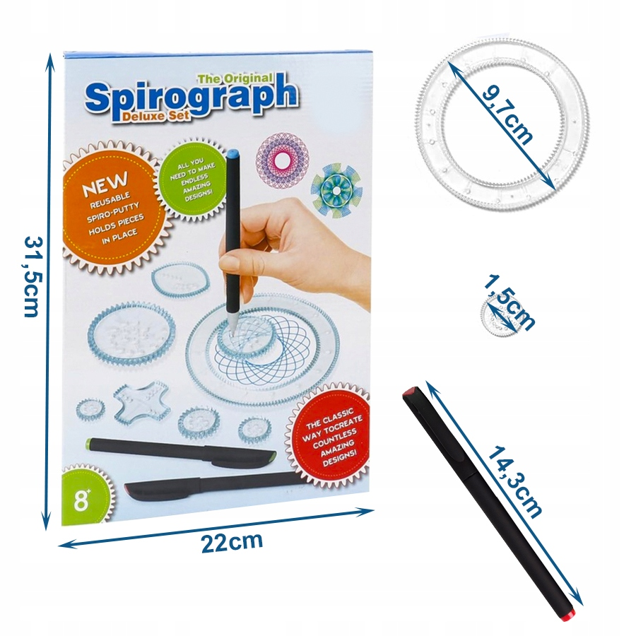 Zestaw Spirograph Deluxe z wymiarami, długopisami i kołami zębatymi do rysowania.