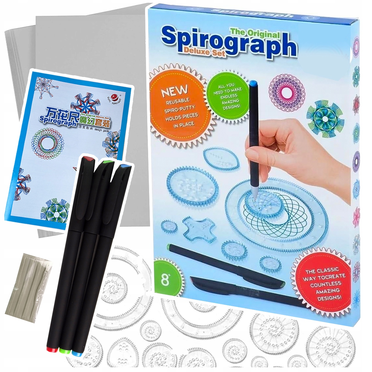 Zestaw Spirograph Deluxe z niebieskim pudełkiem, plastikowymi kołami zębatymi, długopisami, papierem i masą plastyczną.
