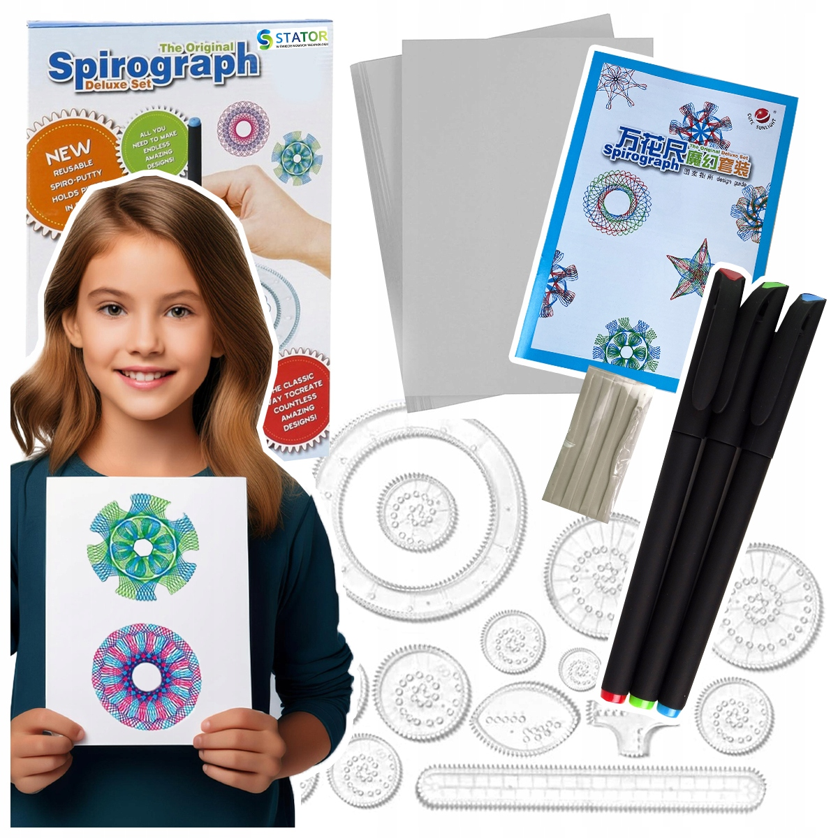 Dziewczynka pokazuje wzory Spirograph, obok pudełko, papier, długopisy i plastikowe koła zębate.