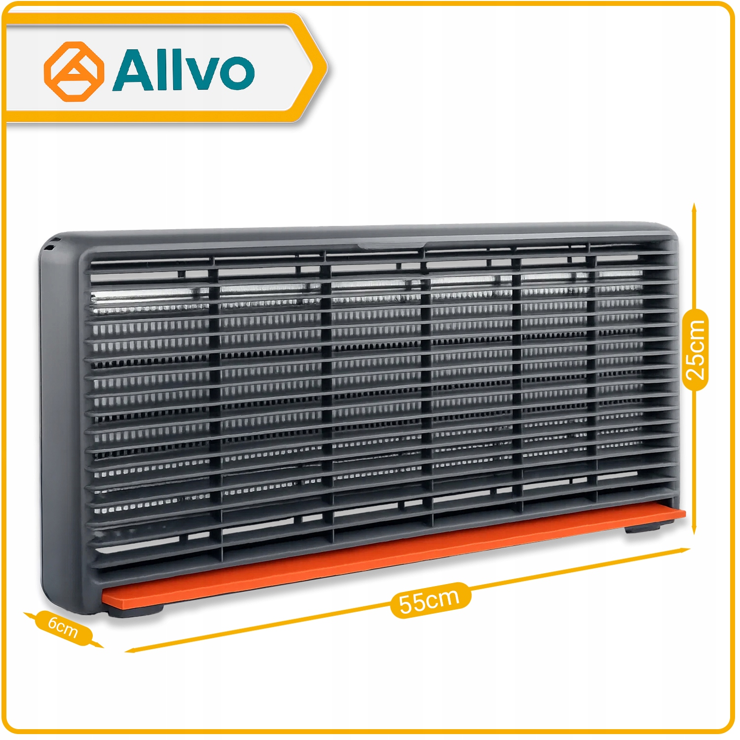 Szary termowentylator elektryczny z pomarańczową podstawą, wymiary 55x25x6 cm i logo Allvo.