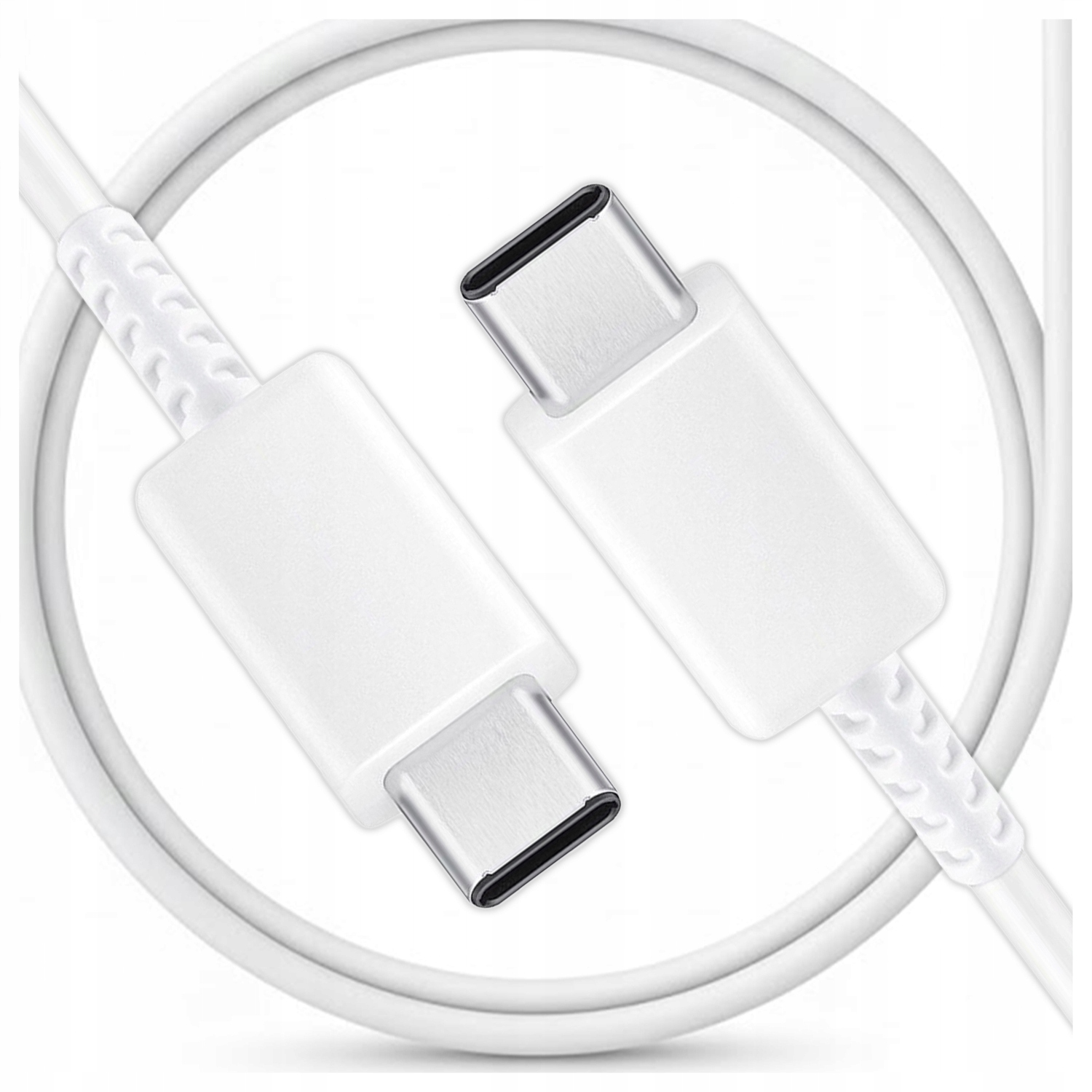 Dwa białe kable ładujące USB-C ze złączami na białym tle.